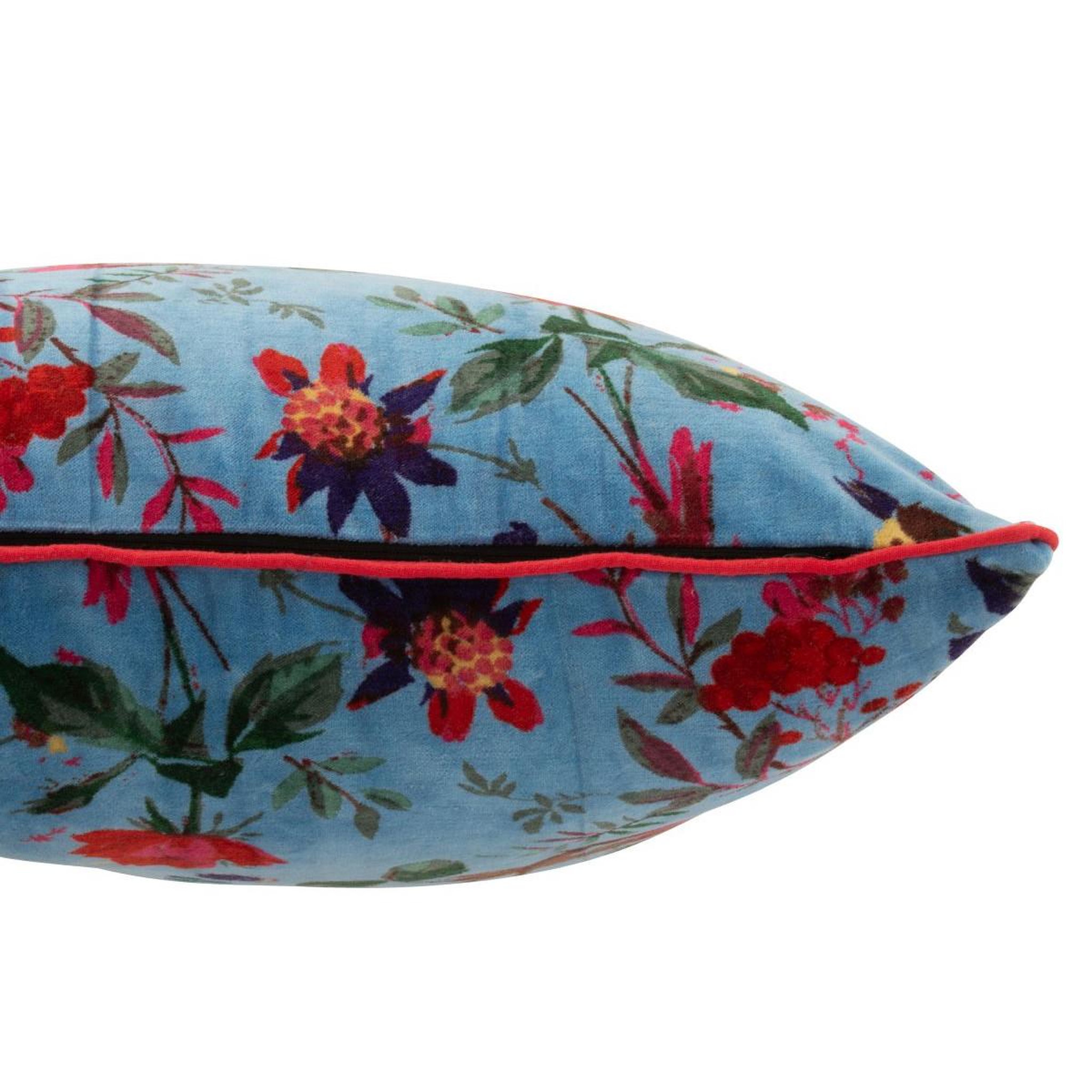Voir la diapositive 2 : J-LINE Coussin déco en velours  oiseaux fleurs  45x45cm bleu