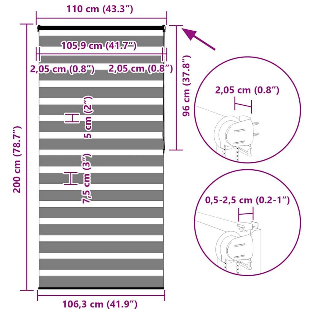 VIDAXL Store zebre gris fonce largeur du tissu 105,9 cm polyester