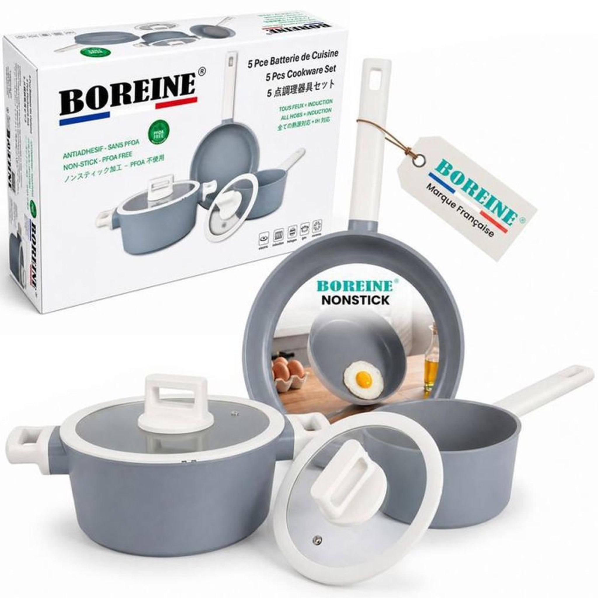 Set de batterie de cuisine 5 pièces à revêtement granit antiadhésif gris, compatible induction, poêle 24 cm, casserole 18 cm, fait-tout 24 cm et couvercles silicone hermétiques
