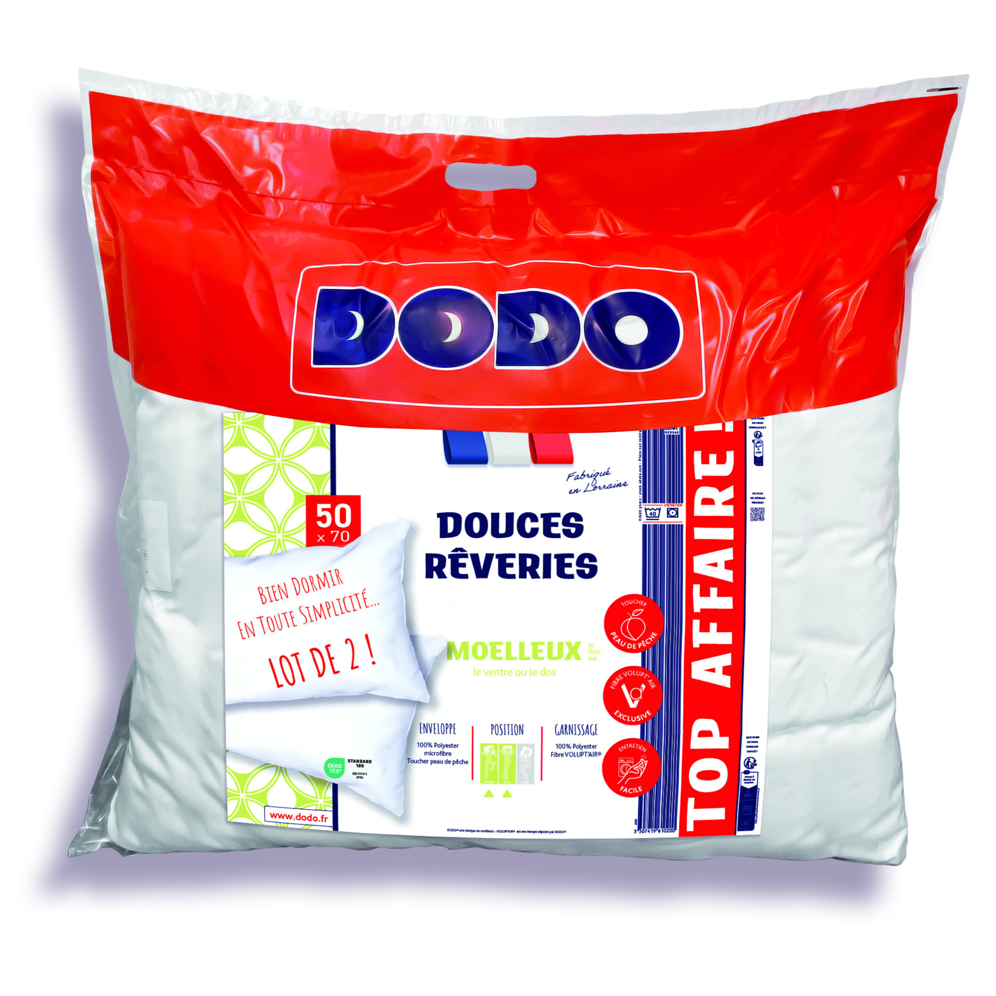 Voir la diapositive 3 : DODO Lot de 2 oreillers confort moelleux en microfibre toucher peau de pêche DOUCES REVERIES 