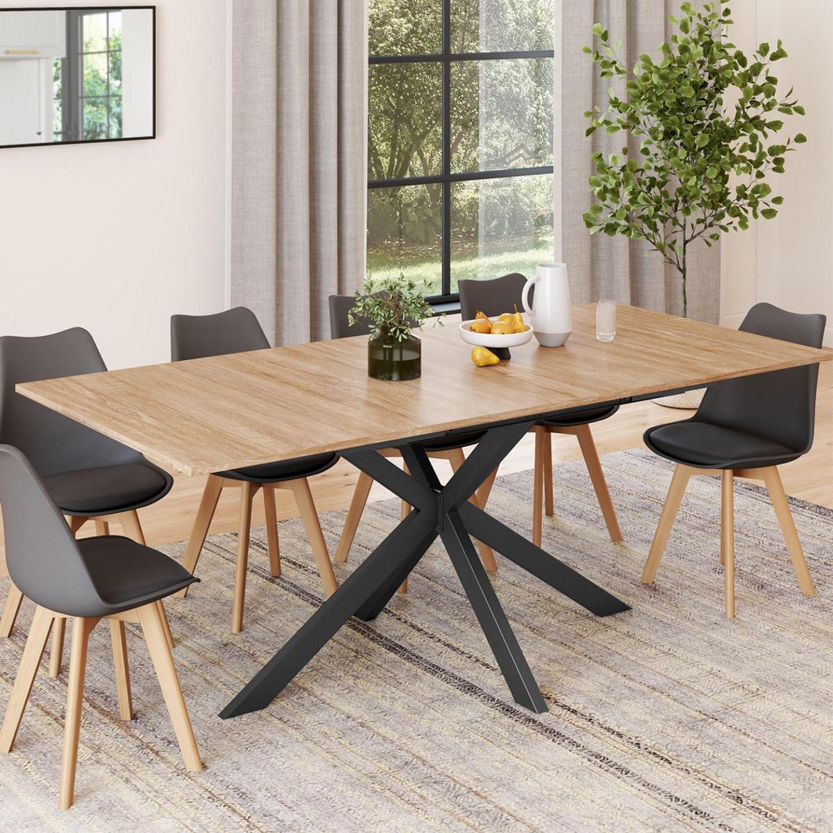 ID MARKET Table à manger extensible rectangle ALIX 6-10 personnes bois et noir 160-200 cm