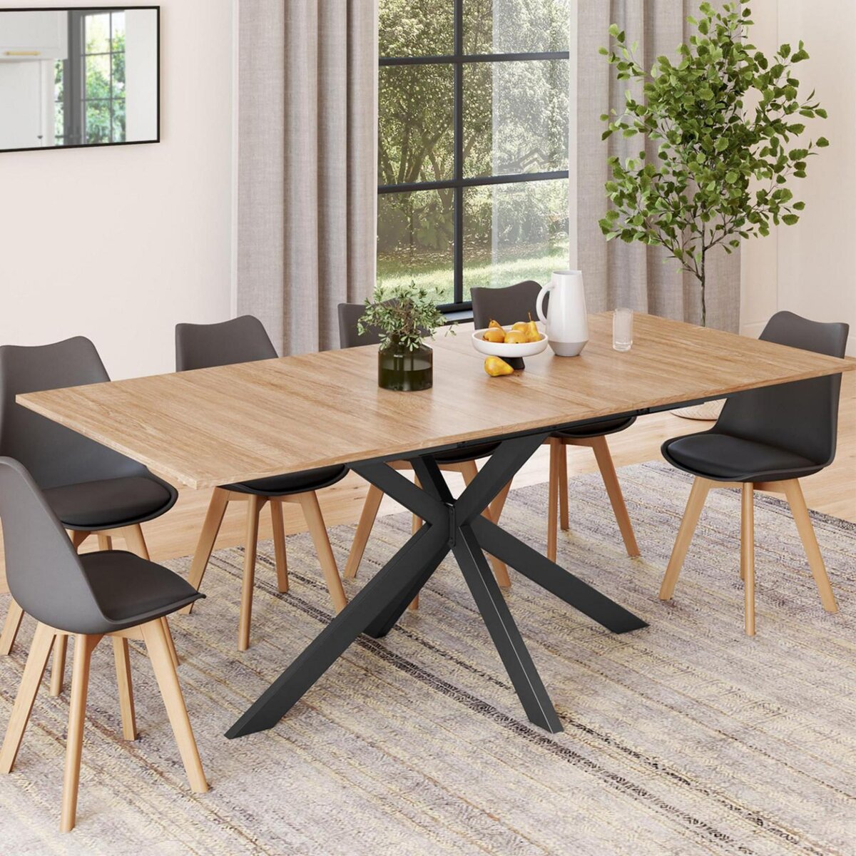ID MARKET Table à manger extensible rectangle ALIX 6-10 personnes bois et noir 160-200 cm