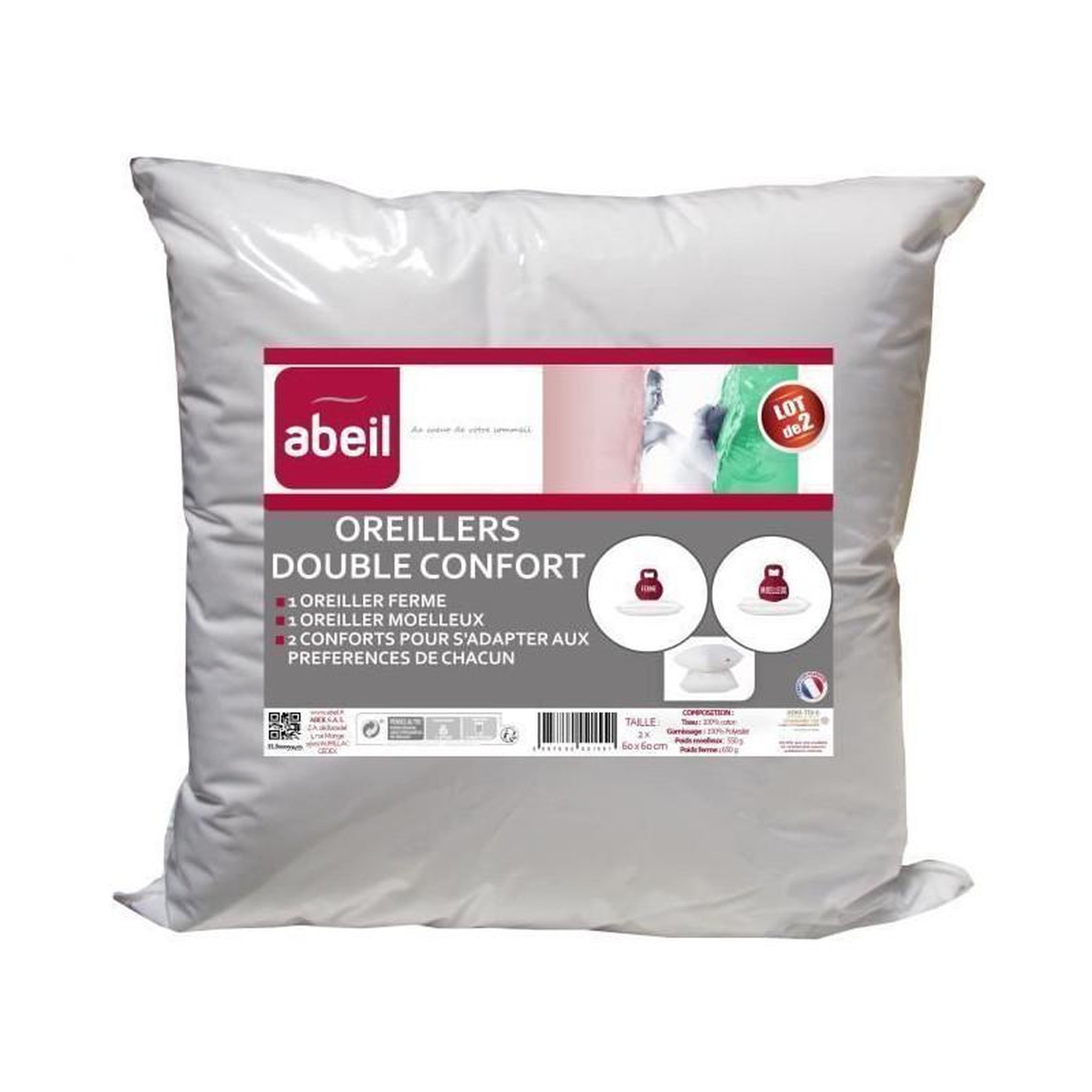 ABEIL ABEIL Lot de 2 Oreillers DOUBLE CONFORT 100% Coton 60x60cm