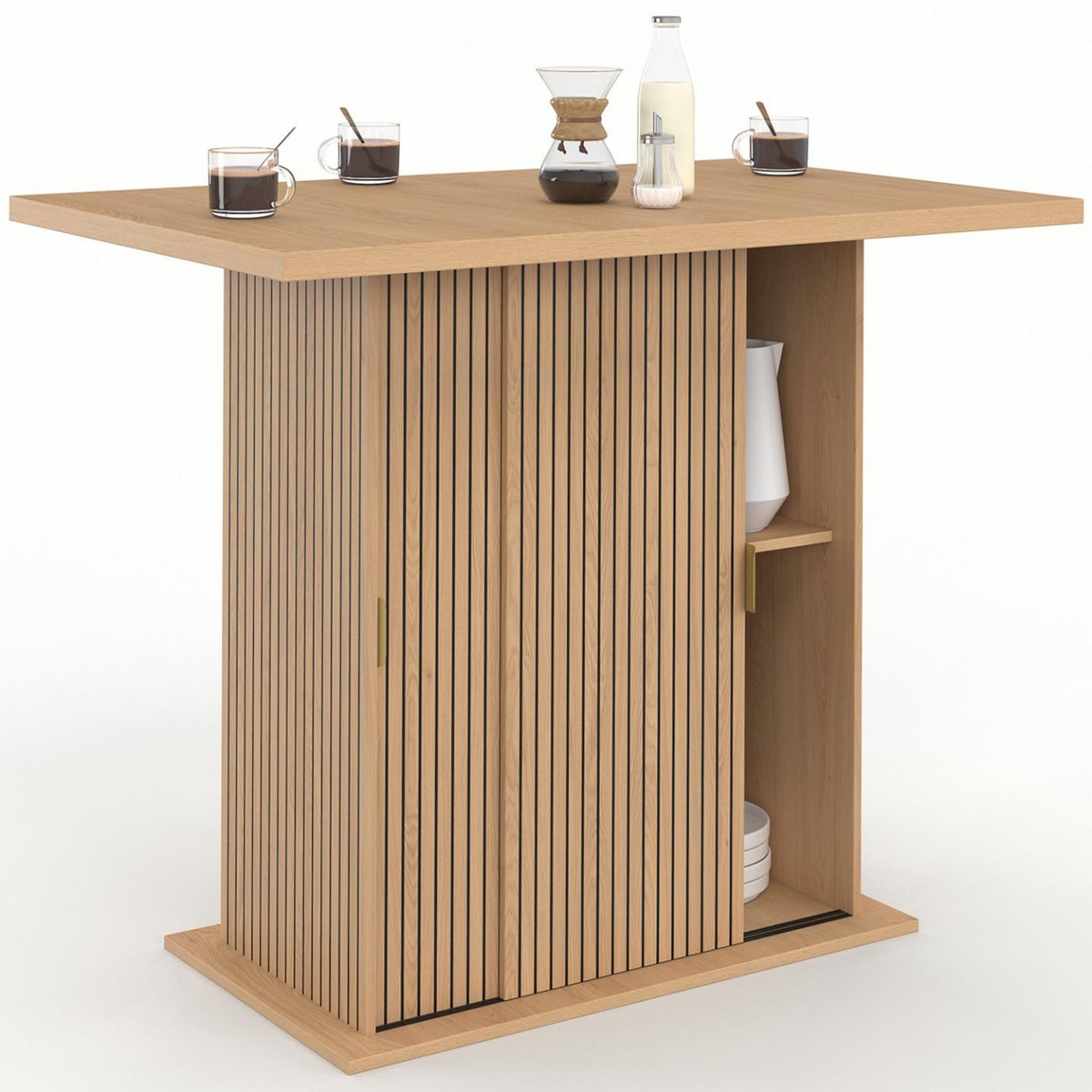 ID MARKET Ilot central 4 personnes JULIETTE 110 cm pied central avec rangement effet lattes tasseau de bois