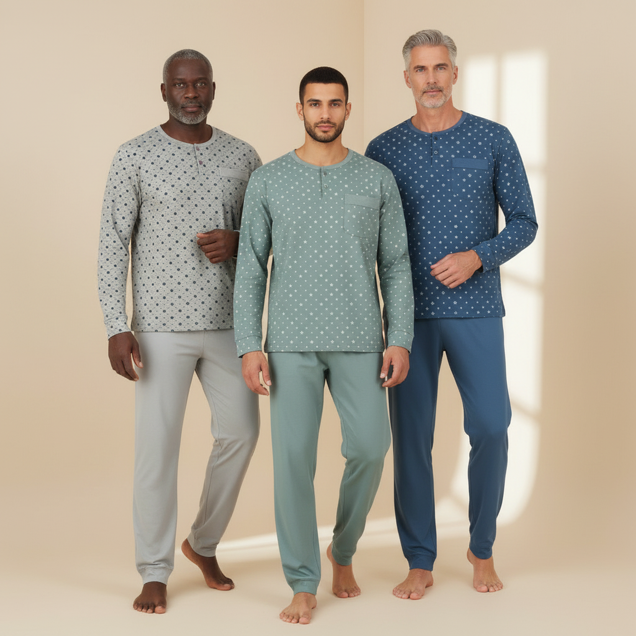 Voir la diapositive 2 : OZABI OZABI Ensemble Pyjama Homme Long Pack de 3, Haut Imprimé Col Boutonné