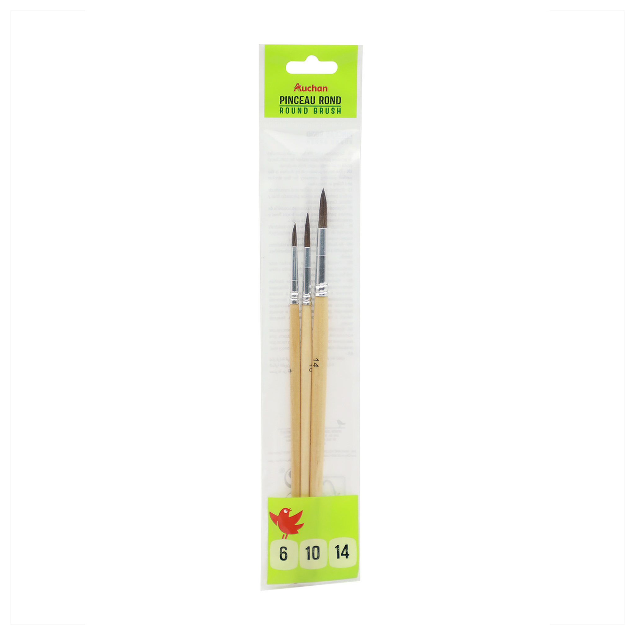 AUCHAN Lot de 3 pinceaux aquarelle ronds N°6/10/14