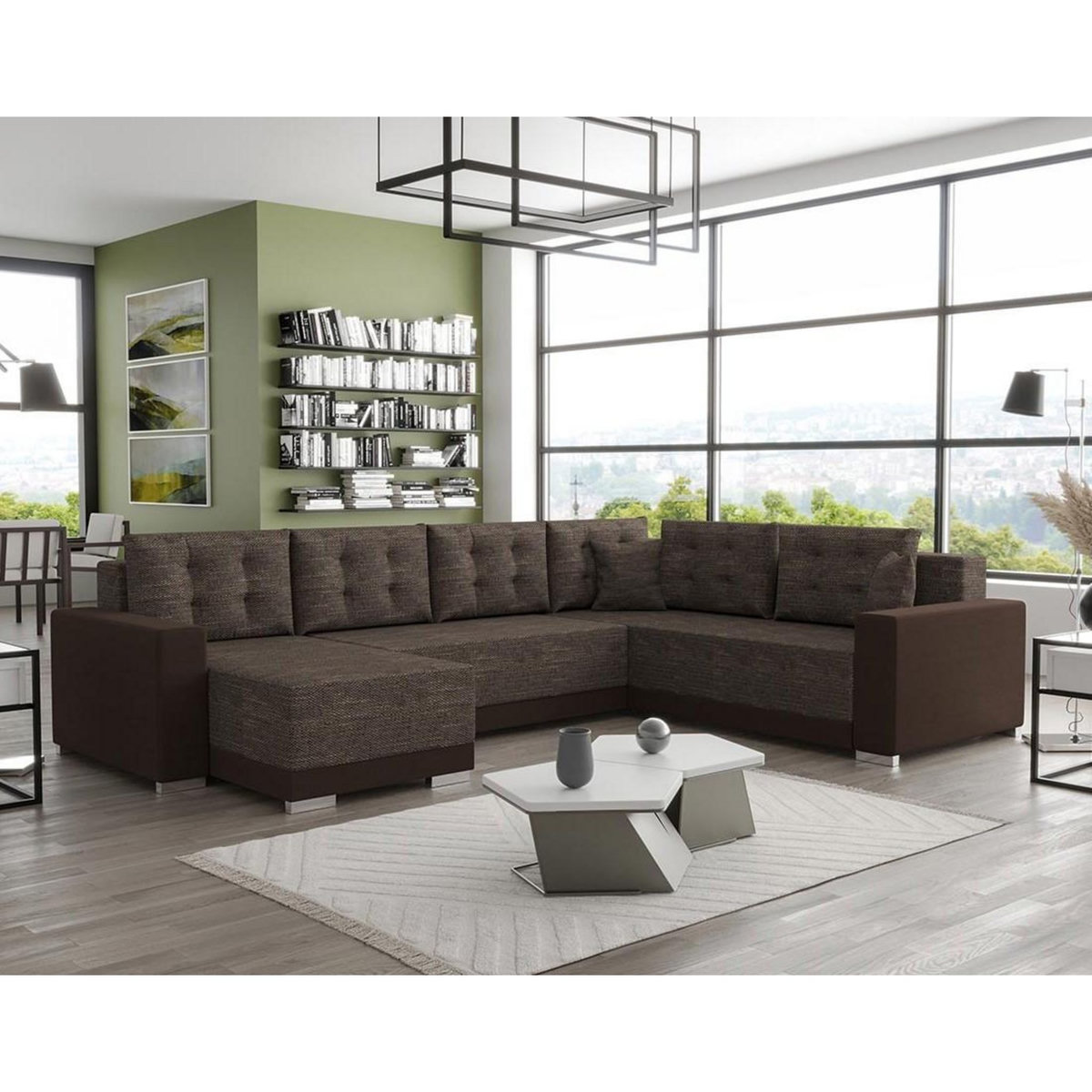 BEST MOBILIER Roger - canapé panoramique d'angle réversible 7 places convertible avec coffre en tissu