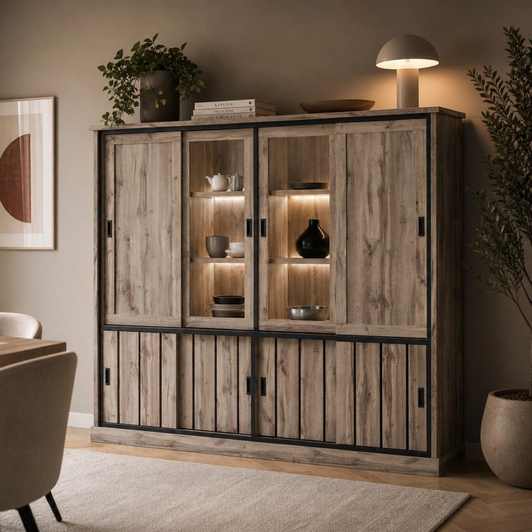 Voir la diapositive 2 : JLC KREATION Vaisselier moderne 4 portes chêne gris 240cm ALICIA
