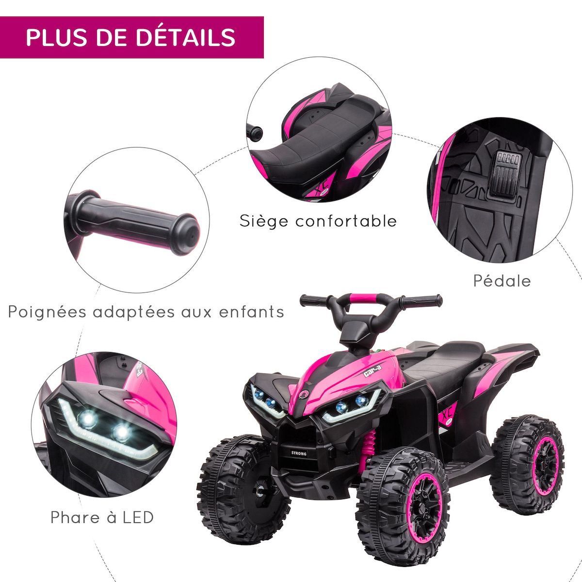 HOMCOM Quad buggy électrique enfant 12 V 3 Km/h max. effets lumineux et sonores rose noir