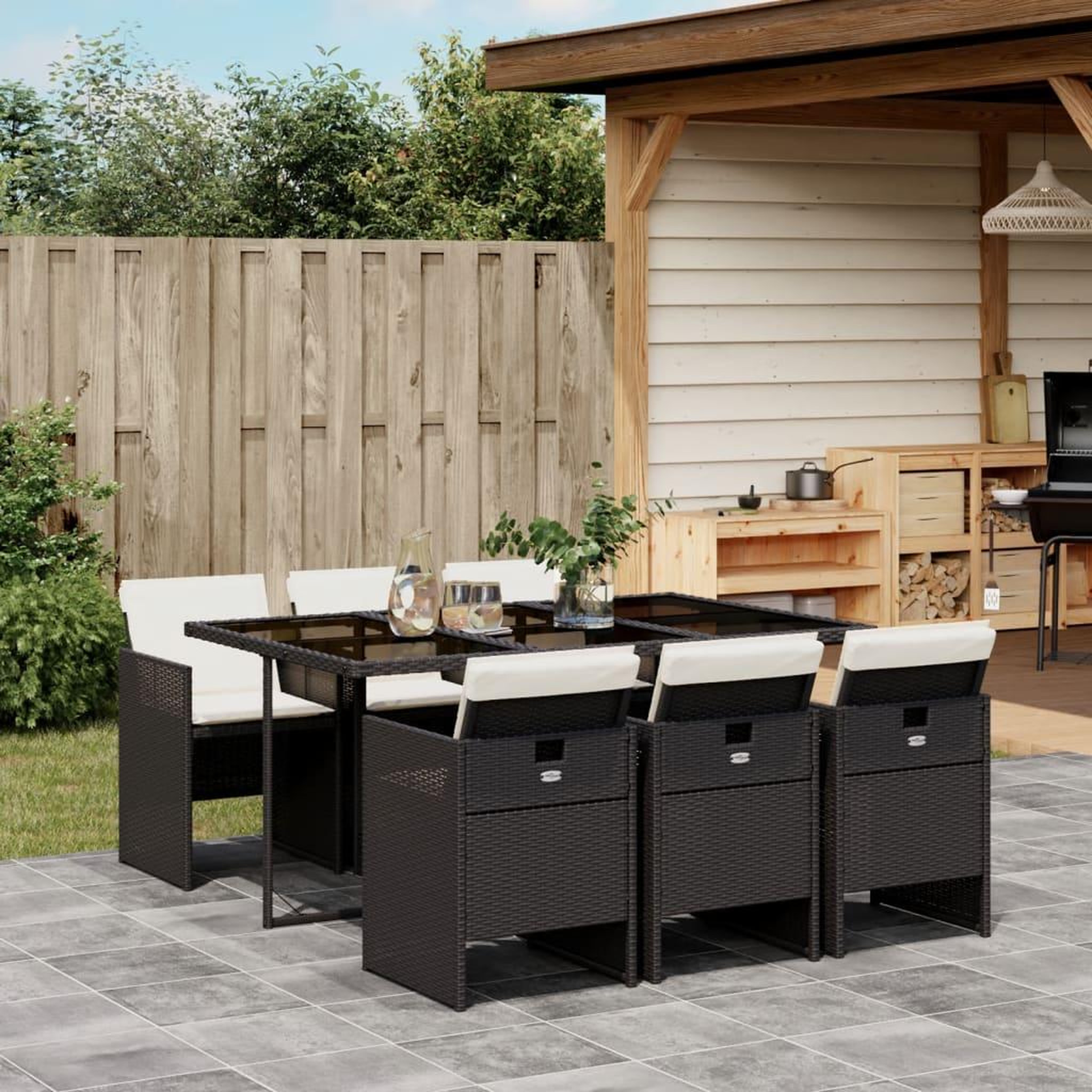 VIDAXL Ensemble a manger de jardin coussins 7pcs Noir Resine tressee