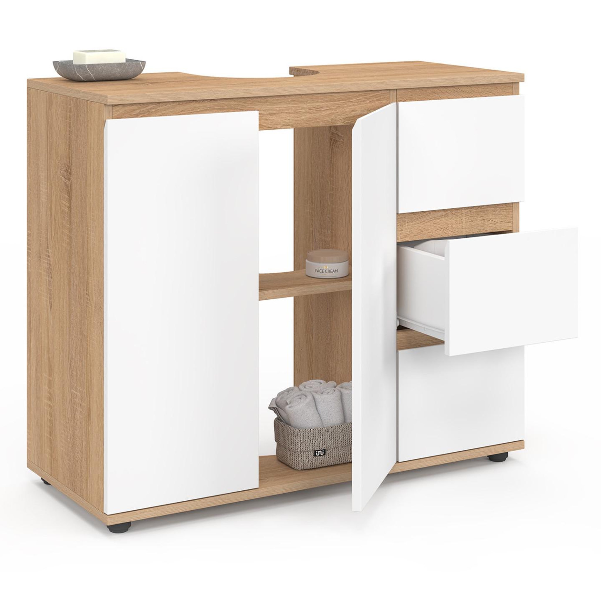 Voir la diapositive 4 : ID MARKET Meuble sous lavabo salle de bain tomi avec placard et 3 tiroirs façon hêtre et blanc