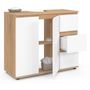Voir la diapositive 4 : ID MARKET Meuble sous lavabo salle de bain TOMI avec placard et 3 tiroirs façon hêtre et blanc