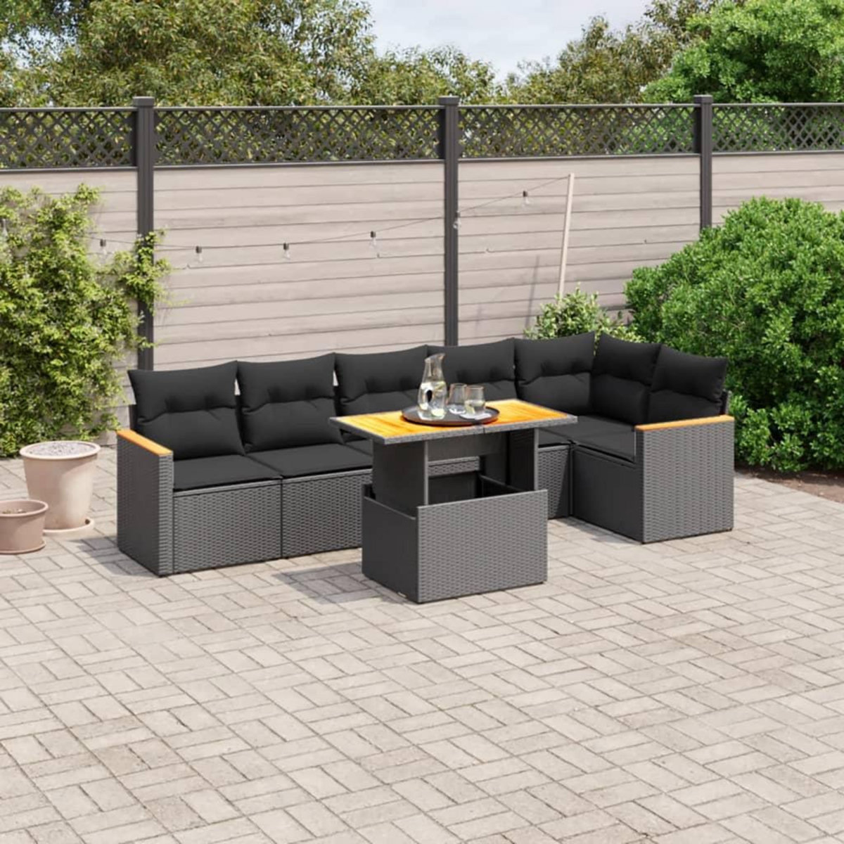 VIDAXL Salon de jardin 7 pcs avec coussins noir resine tressee