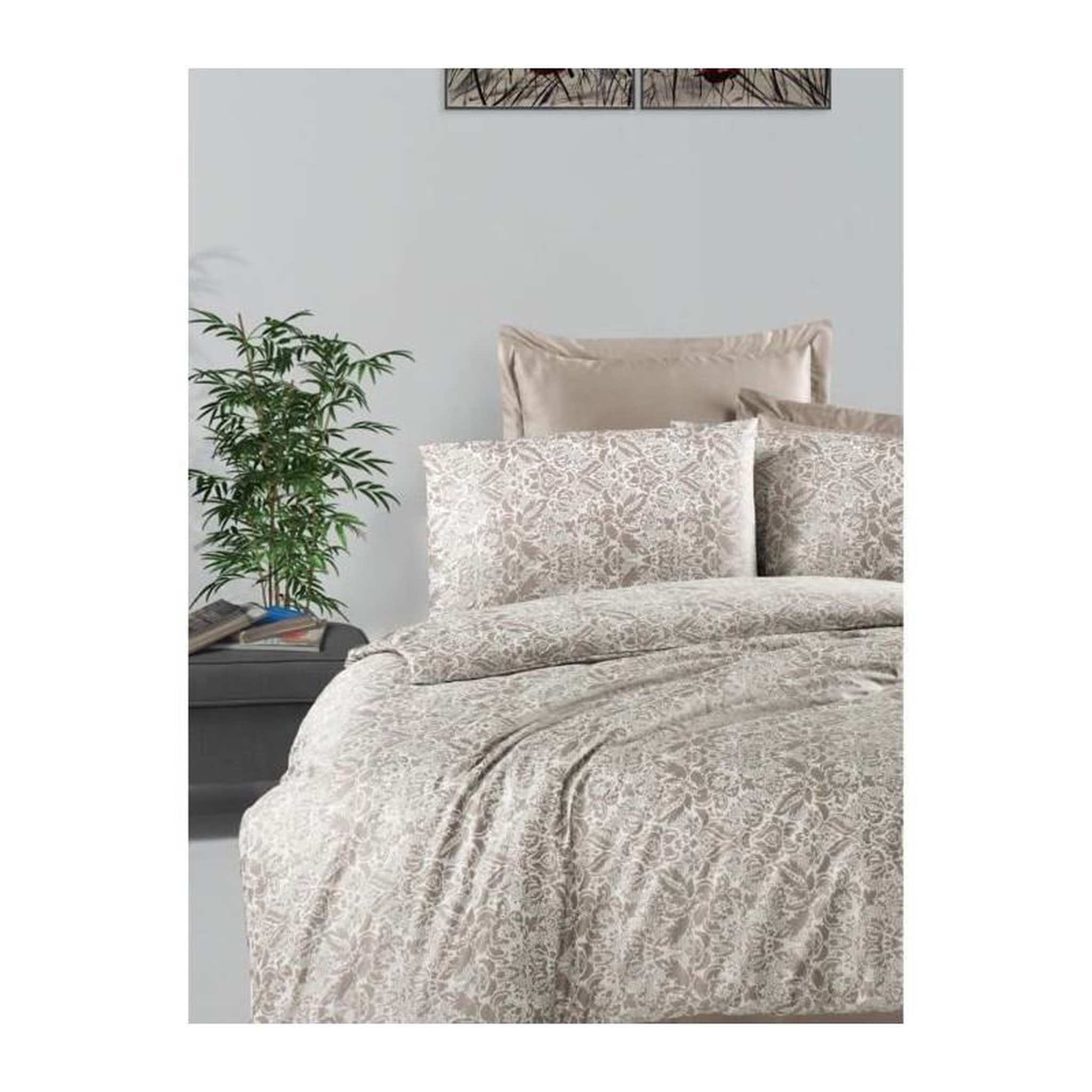Voir la diapositive 3 : GENERIQUE Parure de lit - 1 housse de couette 220 x 240 cm + 2 taies d'oreiller 60 x 60 cm - Satiné 100% coton - Cappuccino