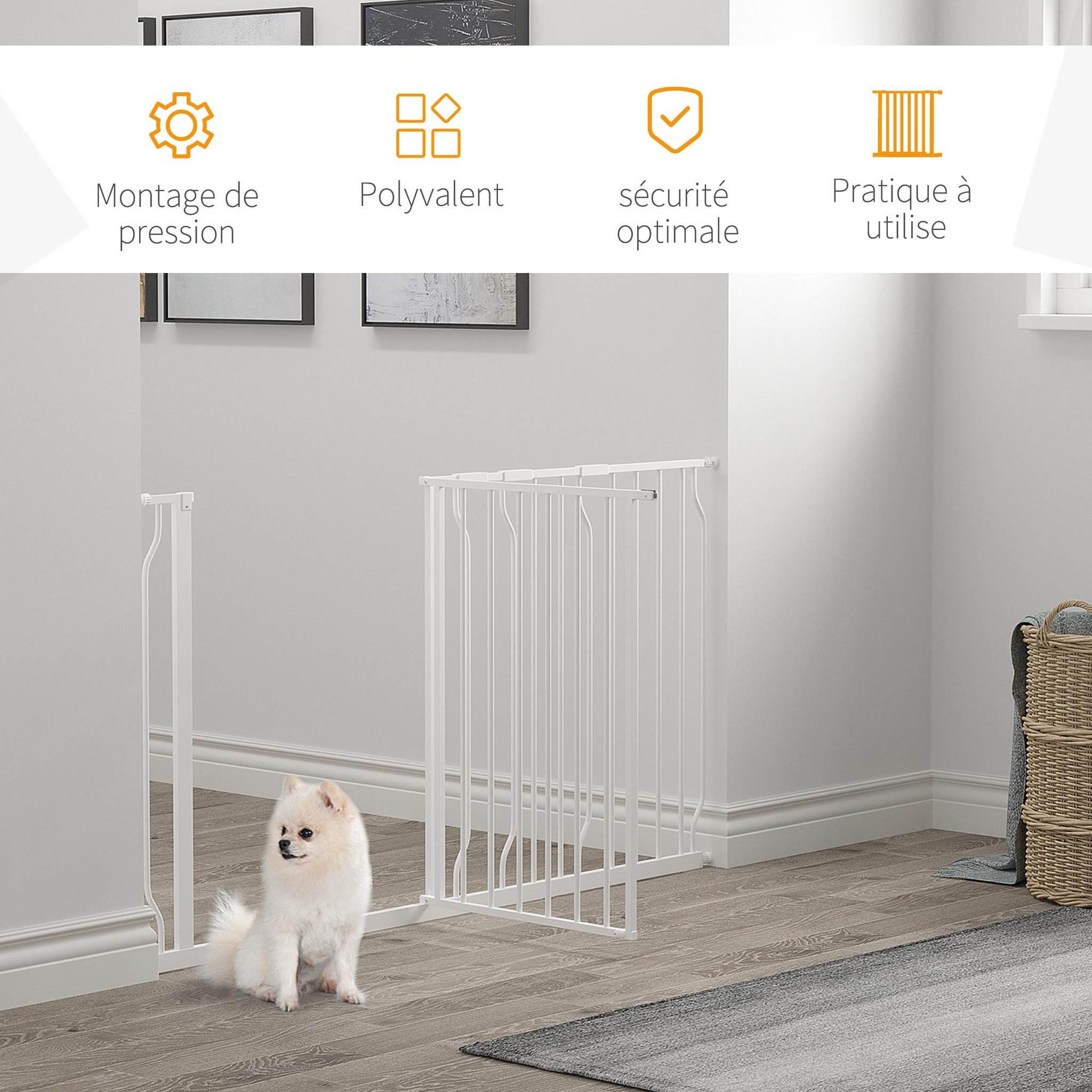 Voir la diapositive 6 : PAWHUT Barrière de sécurité animaux - longueur réglable dim. 75-145 cm - porte double verrouillage, ouverture double sens -sans perçage - acier abs blanc