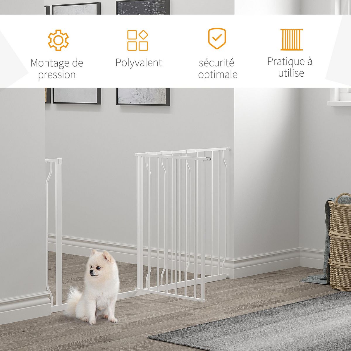 PAWHUT Barrière de sécurité animaux - longueur réglable dim. 75-145 cm - porte double verrouillage, ouverture double sens -sans perçage - acier ABS blanc