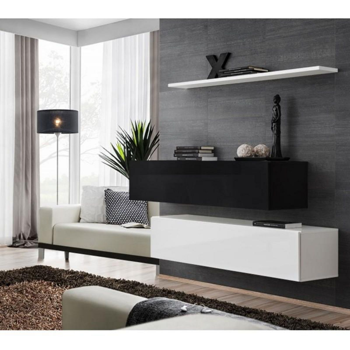 Paris Prix Lot de 2 Bancs Muraux & Étagère  Switch SBII  130cm Noir & Blanc