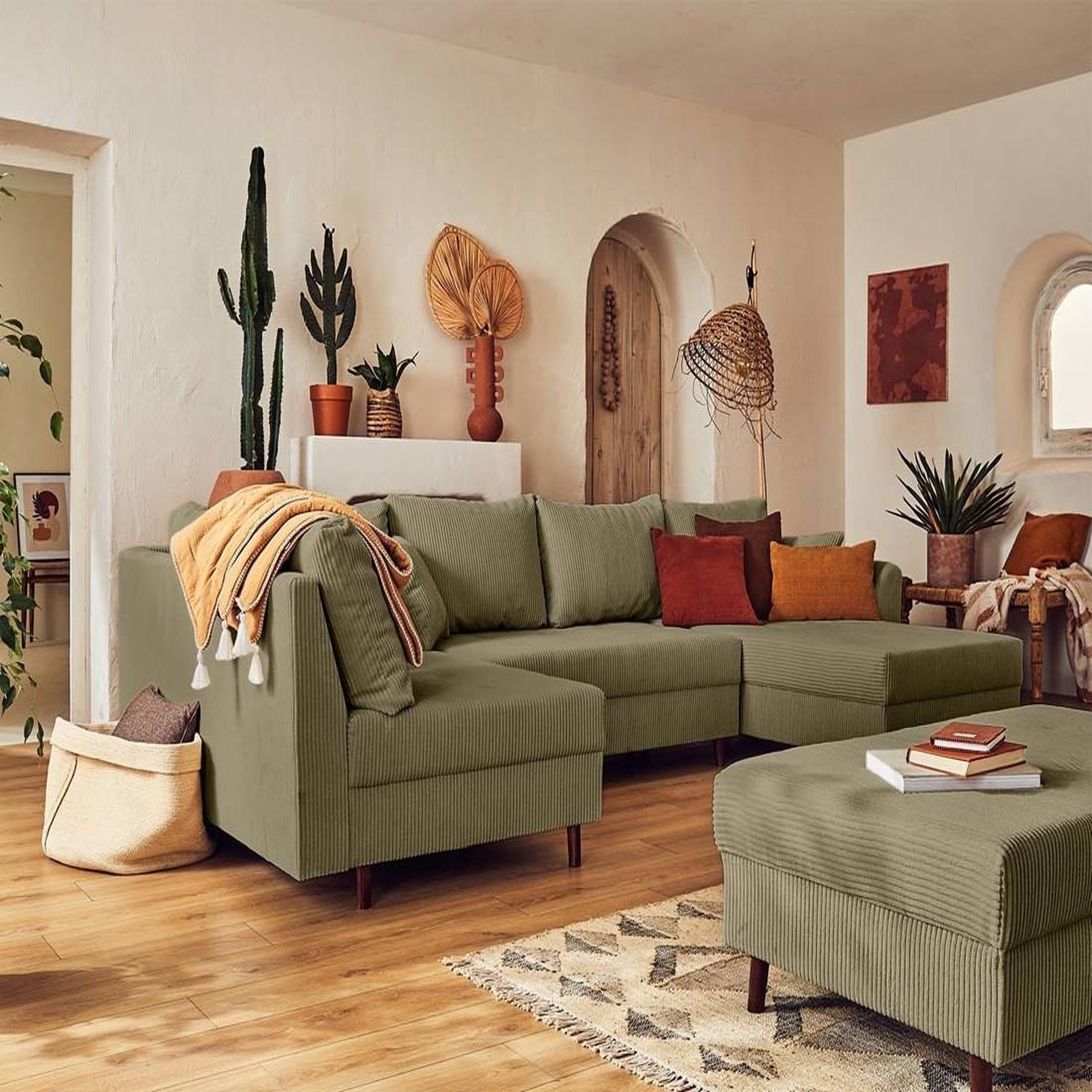 Voir la diapositive 2 : BEST MOBILIER Rune - canapé panoramique d'angle gauche - 7 places - avec pouf d'appoint - en velours côtelé