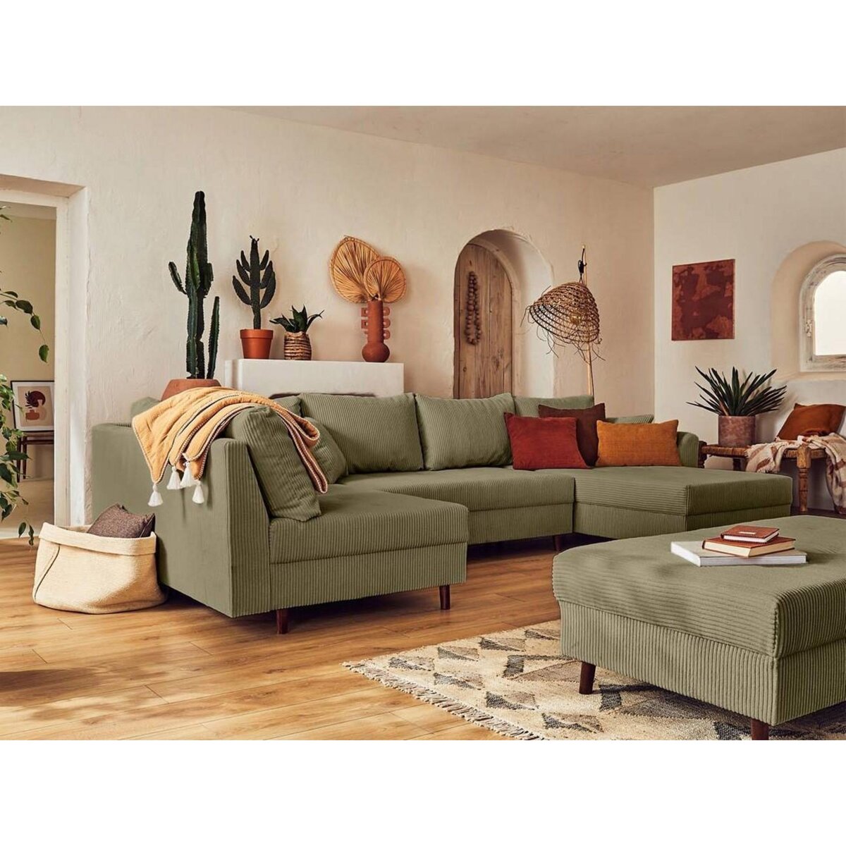 LISA DESIGN Rune - canapé panoramique d'angle gauche - 7 places - avec pouf d'appoint - en velours côtelé