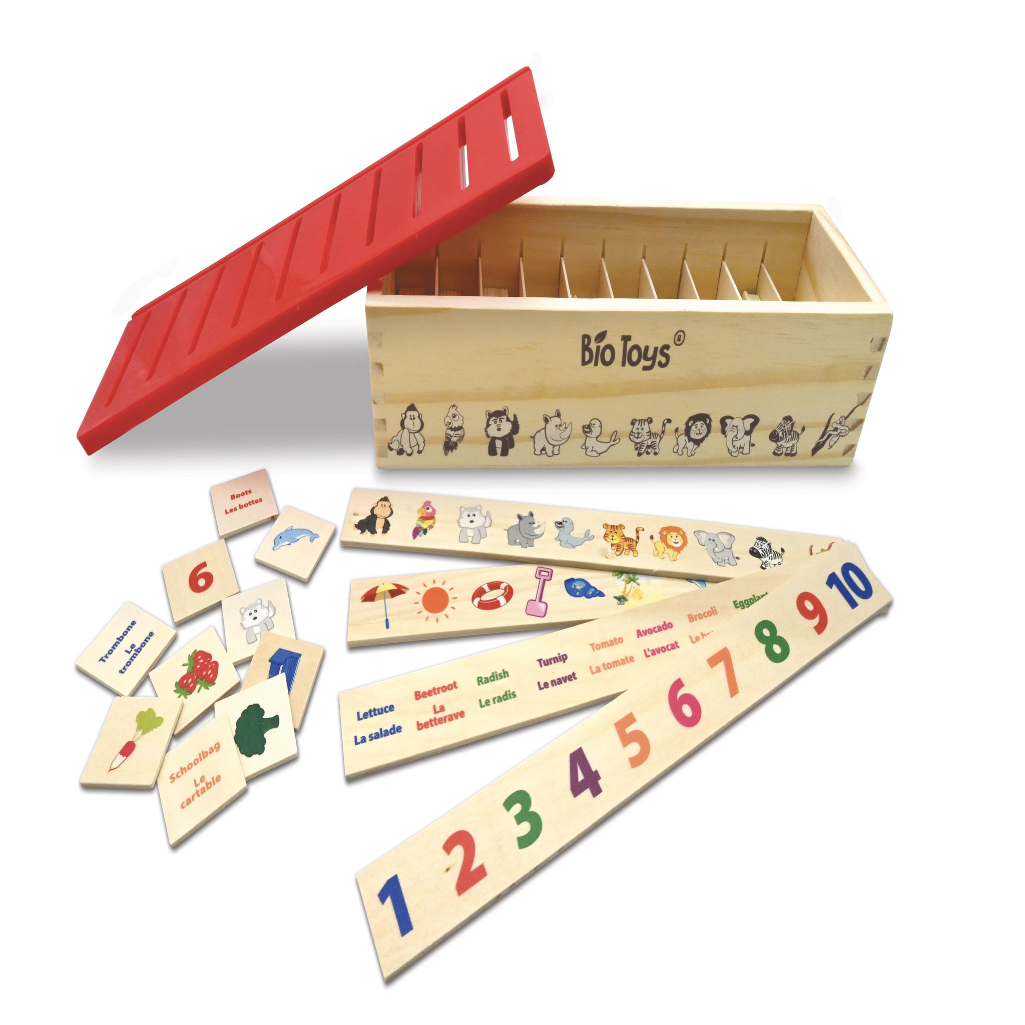 Voir la diapositive 4 : Lexibook Ma boîte à vocabulaire – Boîte de tri en bois bilingue Français / Anglais