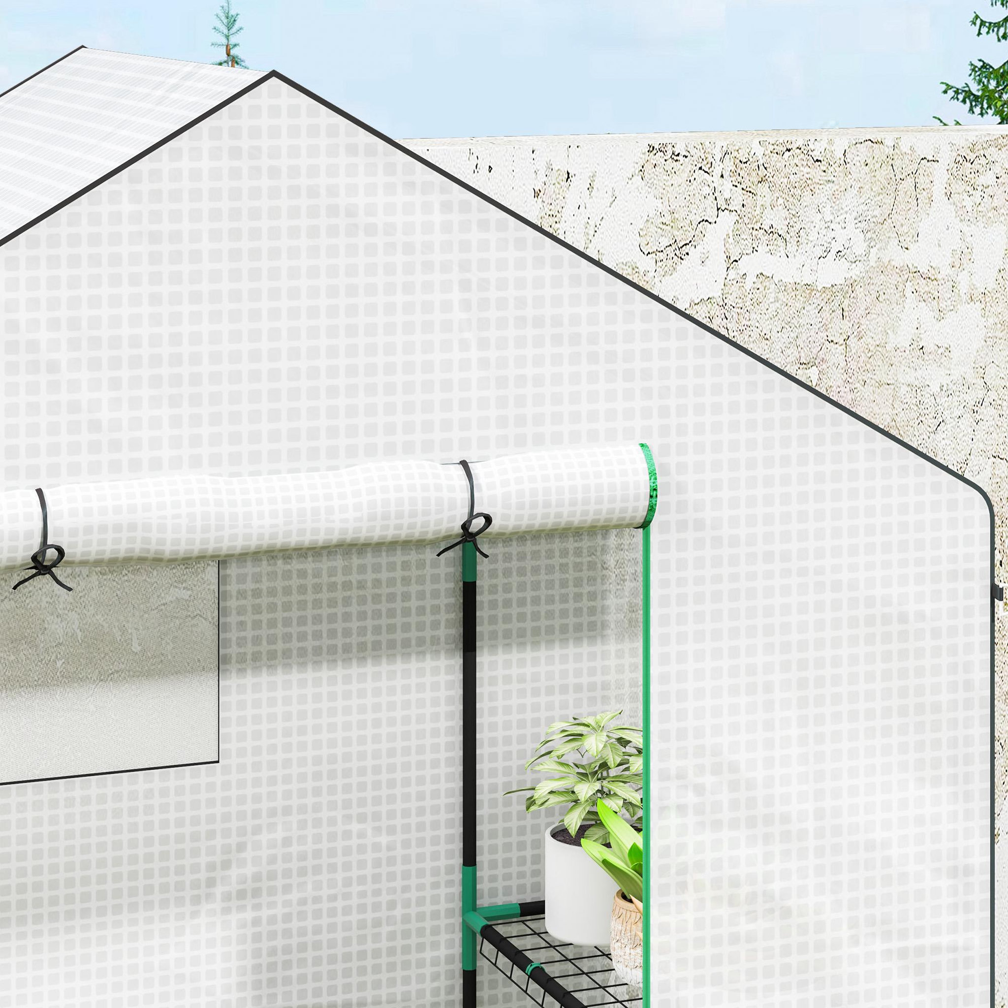 Voir la diapositive 4 : OUTSUNNY Serre de jardin 6 tablettes dim. 1,4l x 0,73l x 1,9h m porte déroulante fenêtres acier pe haute densité blanc
