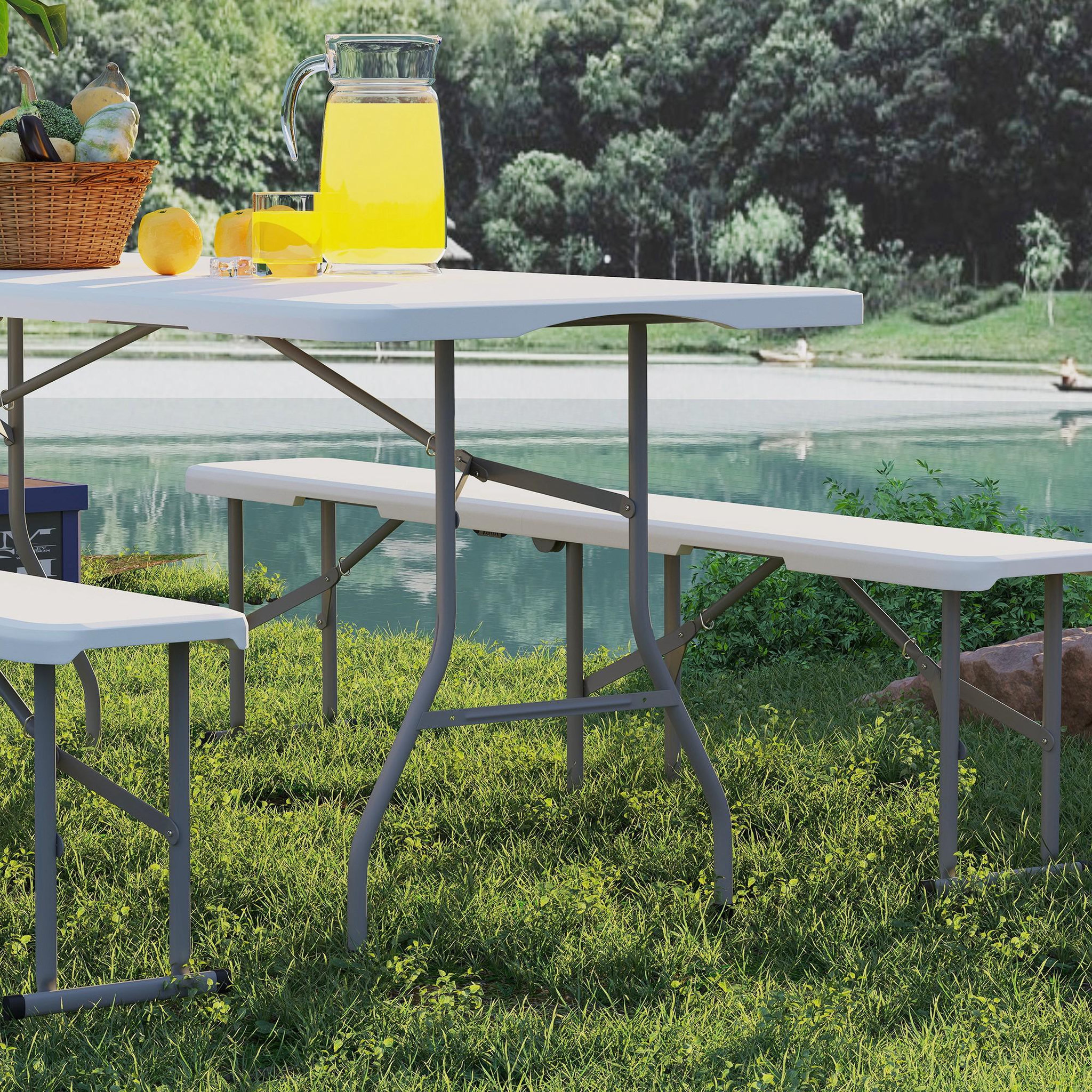 Voir la diapositive 4 : OUTSUNNY Ensemble table 2 bancs pliables avec poignées - usage pique-nique camping - métal époxy hdpe blanc