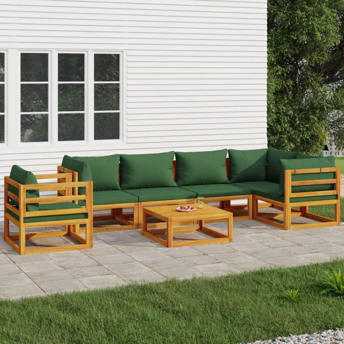 VIDAXL Salon de jardin 7 pcs avec coussins vert bois massif