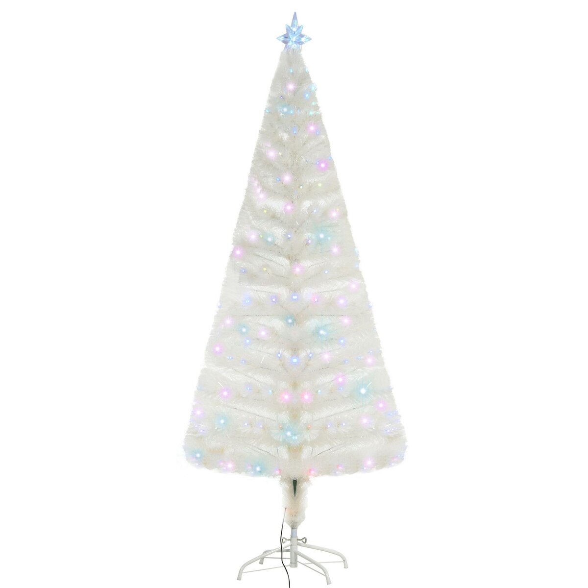 HOMCOM Sapin de Noël artificiel blanc sapin lumineux fibre optique + 220 LED couleurs RVB 7 modes support pied inclus Ø 80 x 180H cm 220 branches étoile sommet brillante