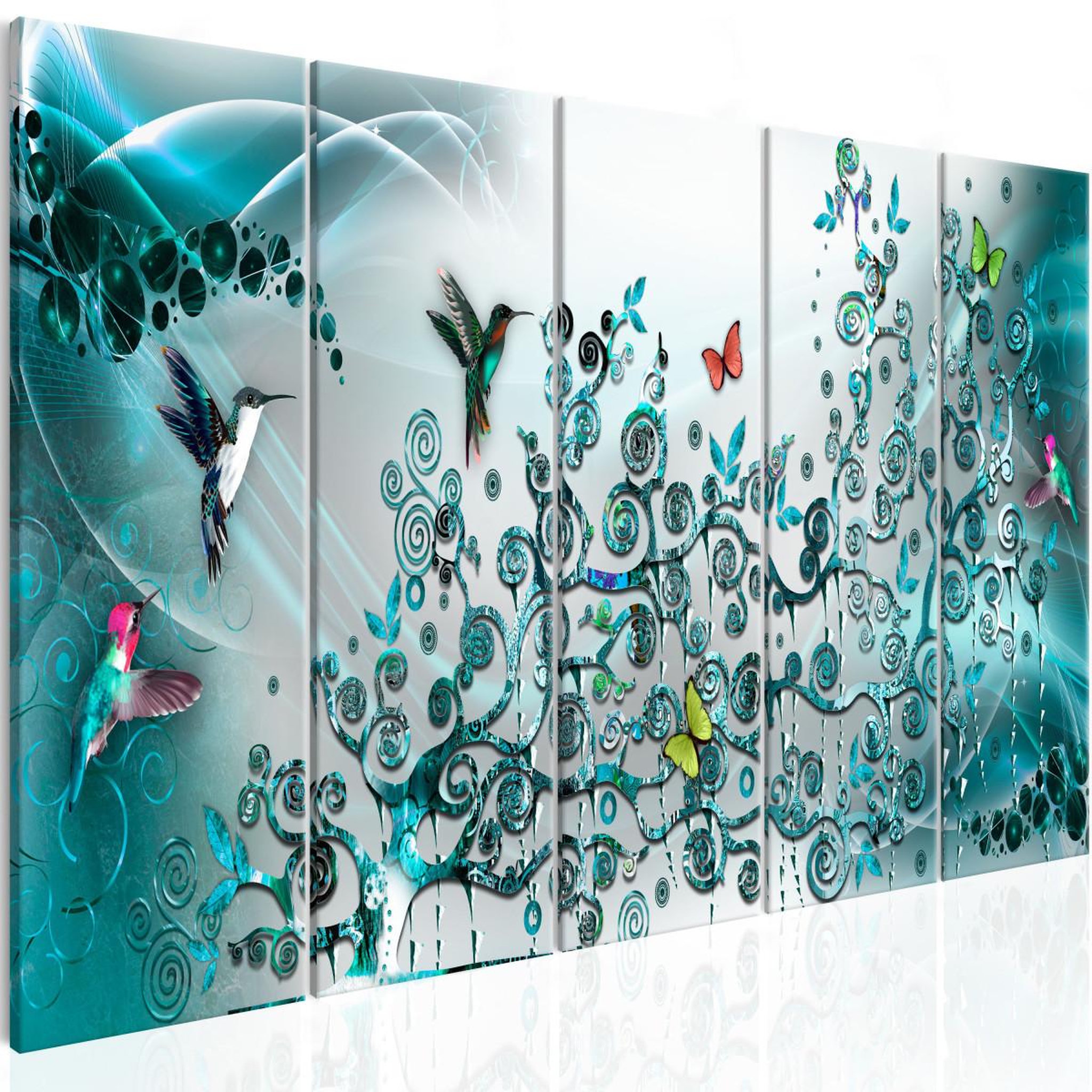 Paris Prix Tableau 5 panneaux  hummingbirds dance turquoise narrow. Coloris disponibles : Multicolore