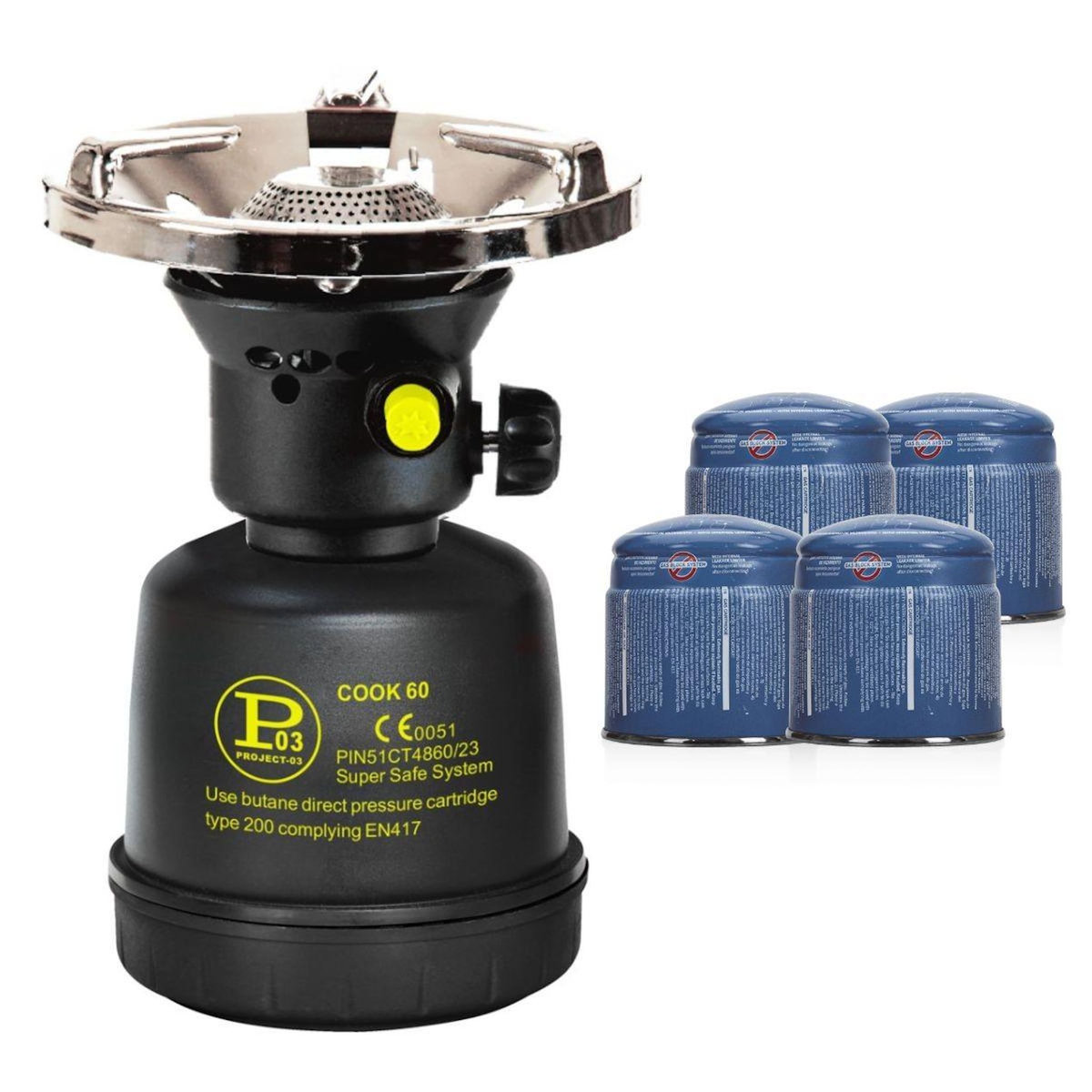 Proweltek Réchaud à gaz portable 1300W + 4 cartouches 190gr Allumage Auto & Sécurisé - Réchaud Camping Vanlife Flamme réglable Black COOK