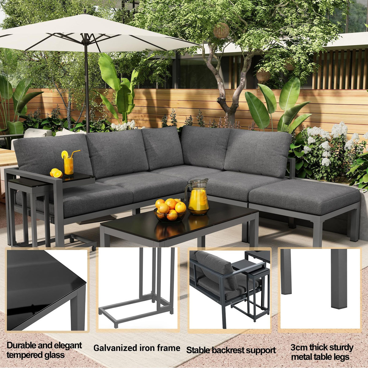 MERAX Salon de jardin angle 5 places en fer avec 2 tables basses, coussins, gris