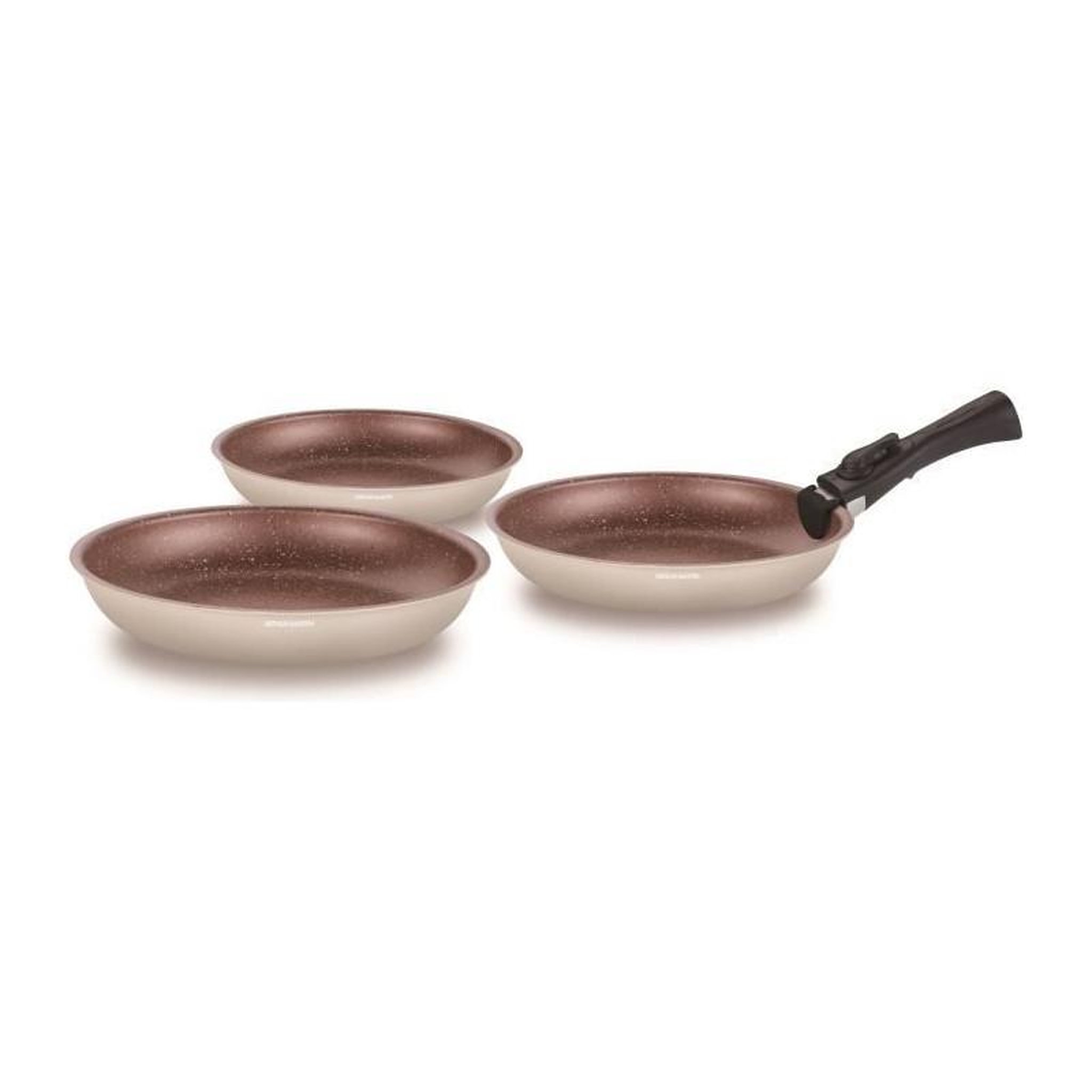 Voir la diapositive 2 : Arthur Martin Batterie de cuisine - Tous feux dont induction - ARTHUR MARTIN - AM4754 - Set de 3 poeles - 20-24-28 cm + 1 poignée amovible