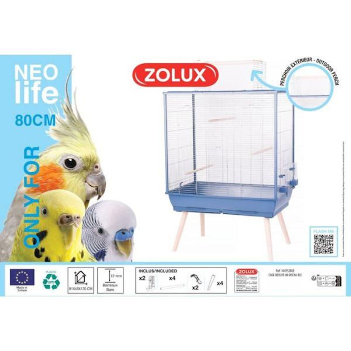 Zolux ZOLUX Cage grillagée surélevée pour oiseau Néolife - Pour perruche, calopsitte, canari - 81 x 48 x 130 cm - Néolife - Bleu