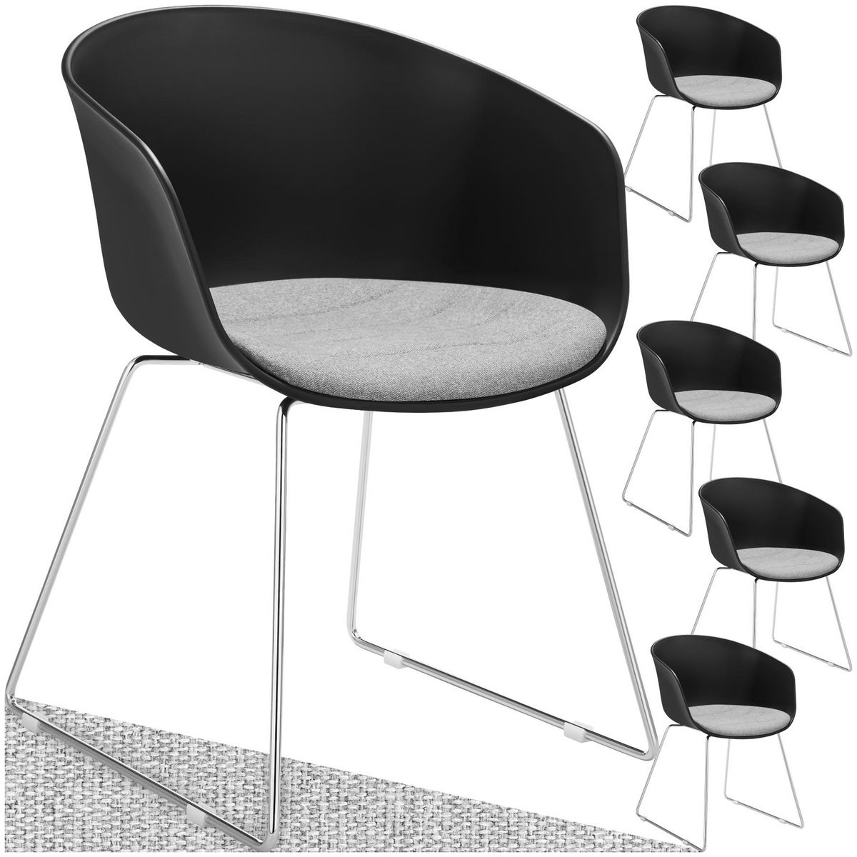 tectake Chaises avec accoudoirs en plastique assise en plastique rembourrée noir/gris chrome Lot de 6