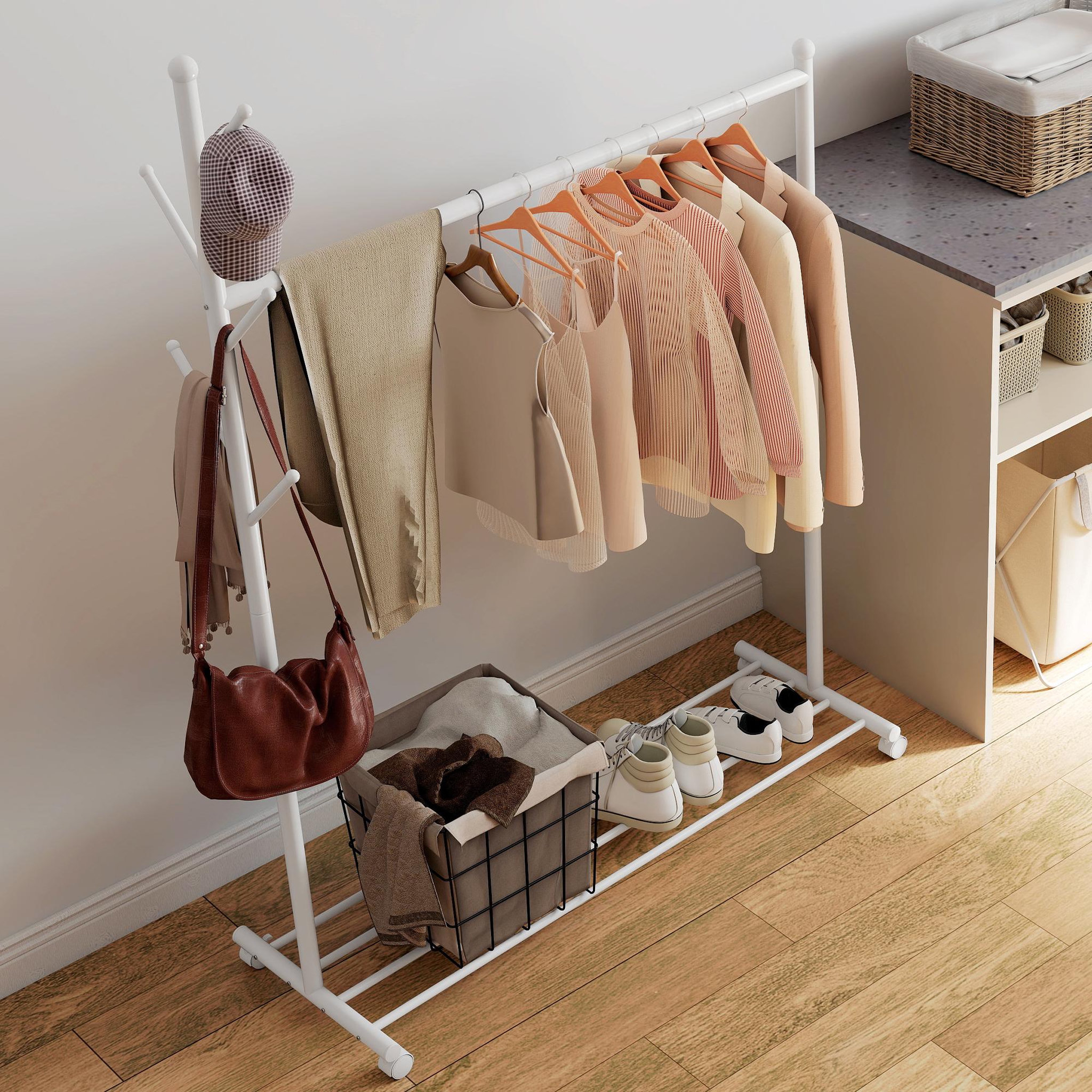 Voir la diapositive 6 : HOMCOM Portant à vêtements mobile étagère porte-manteau en forme d'arbre métal blanc