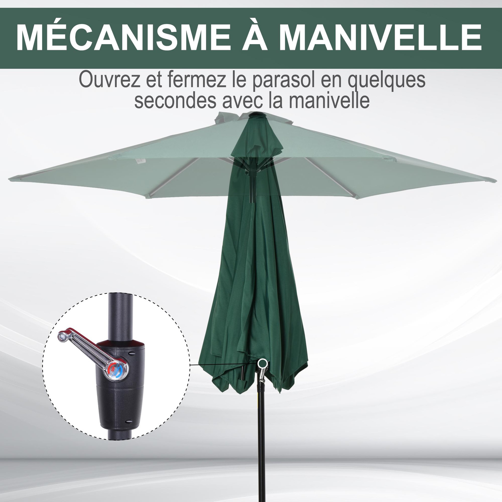 Voir la diapositive 6 : OUTSUNNY Parasol inclinable de jardin balcon terrasse manivelle toile polyester imperméabilisée haute densité 180 g/m² Ø2,7 x 2,35H m alu vert