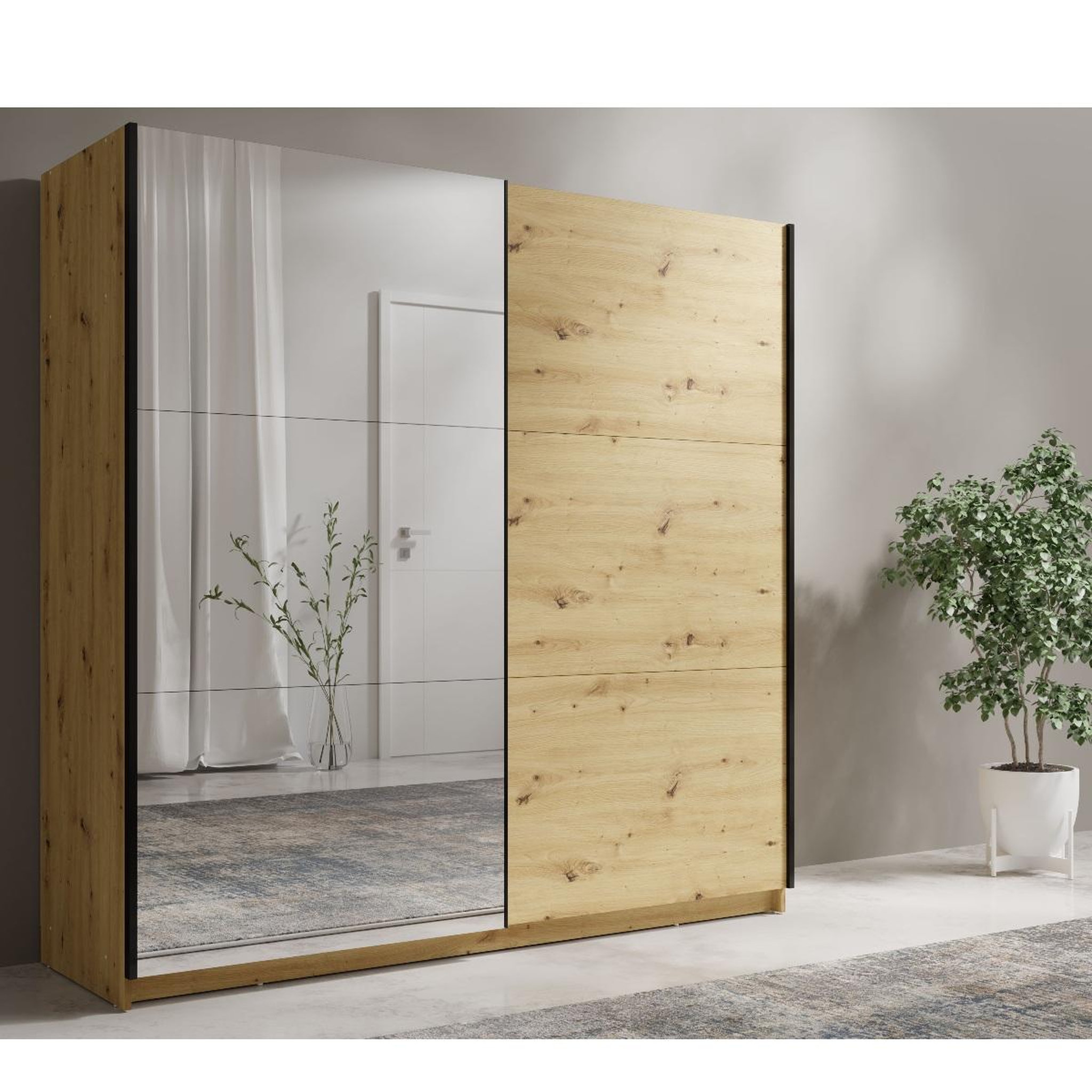 Voir la diapositive 2 : JLC KREATION Armoire coulissante bois avec miroir 150cm kassy