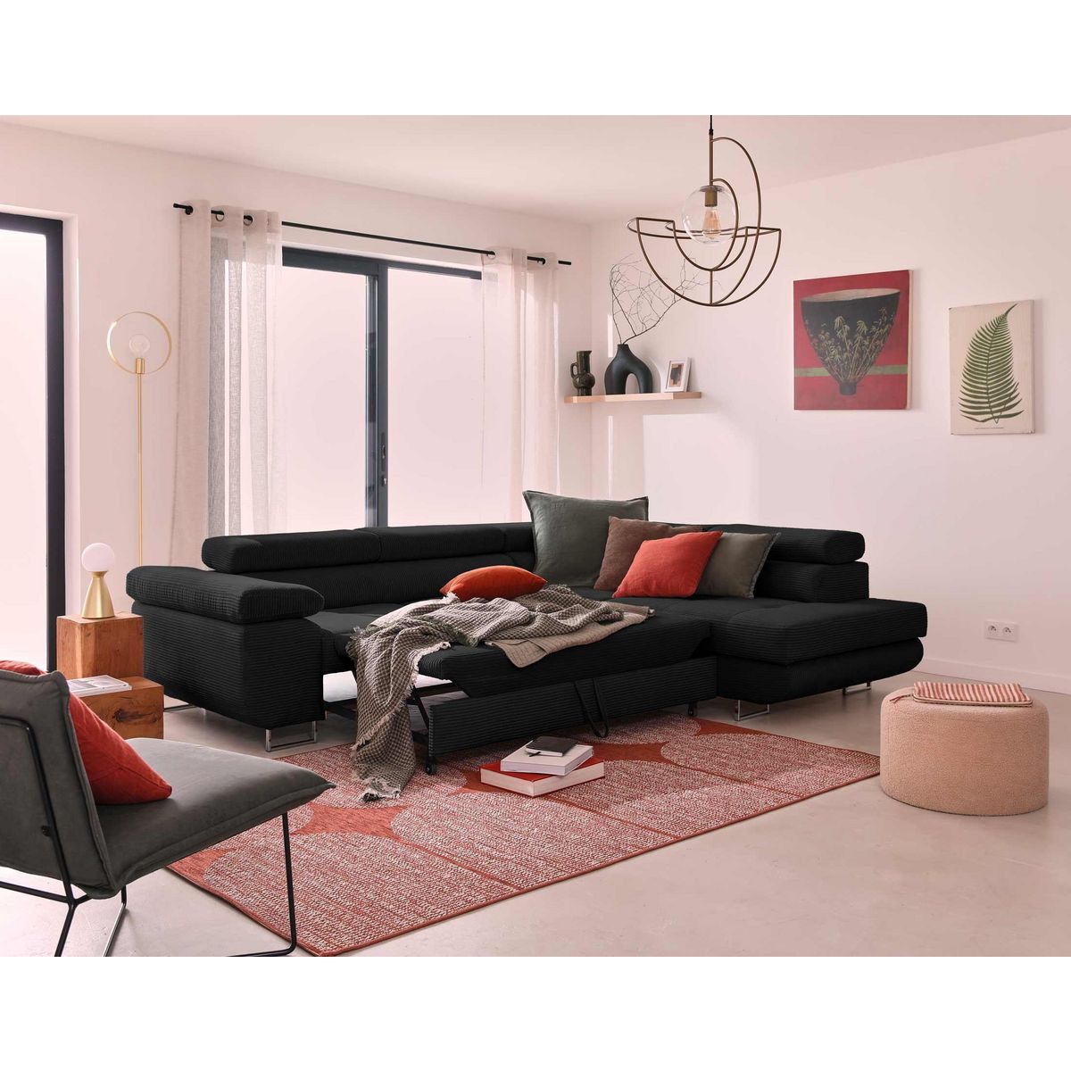 BEST MOBILIER Zaria - canapé d'angle droit - convertible avec coffre et têtières réglables - 5 places - en velours côtelé