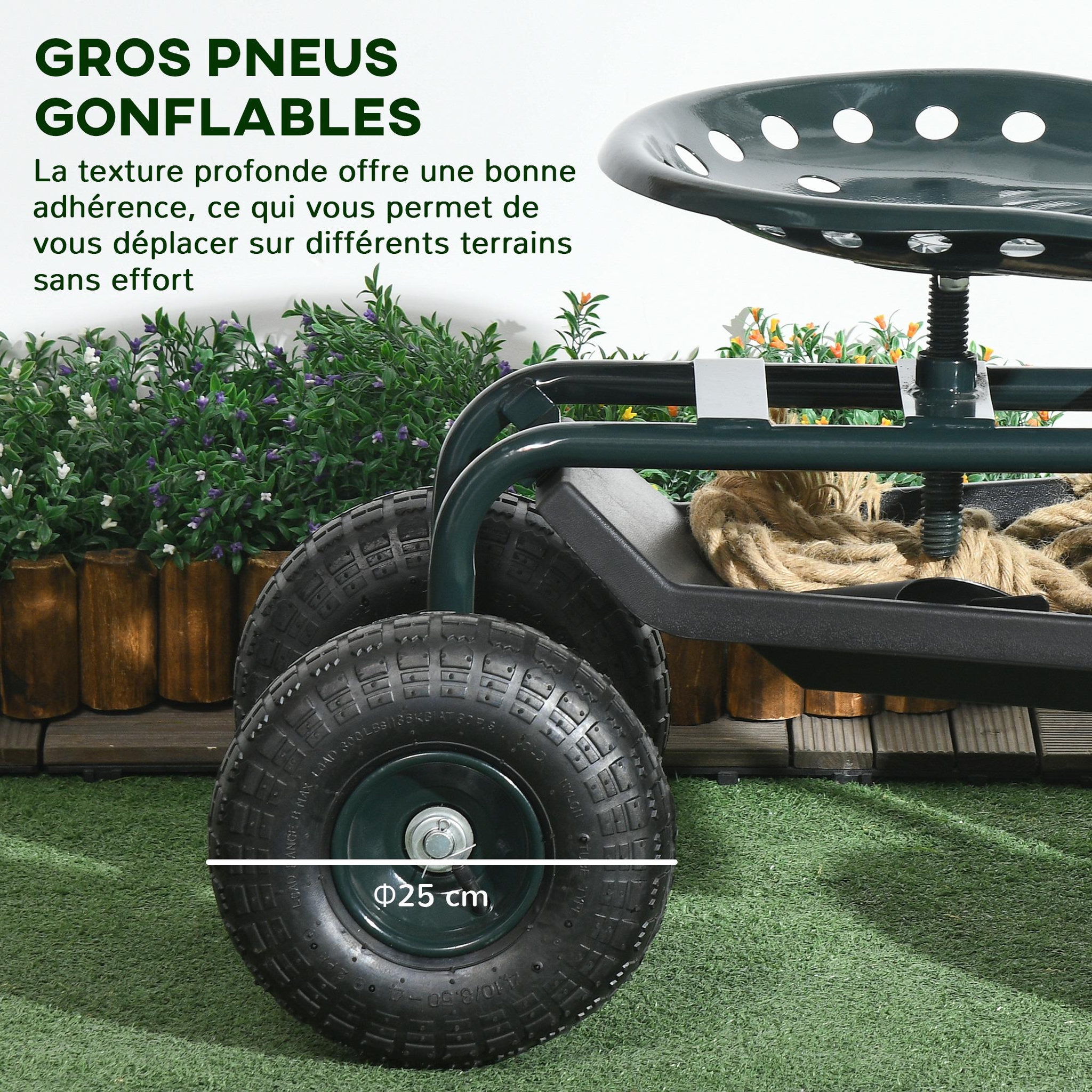 Voir la diapositive 5 : OUTSUNNY 2 en 1 tabouret pivotant réglable chariot mobile de jardin charge max. 150 Kg rangement acier vert