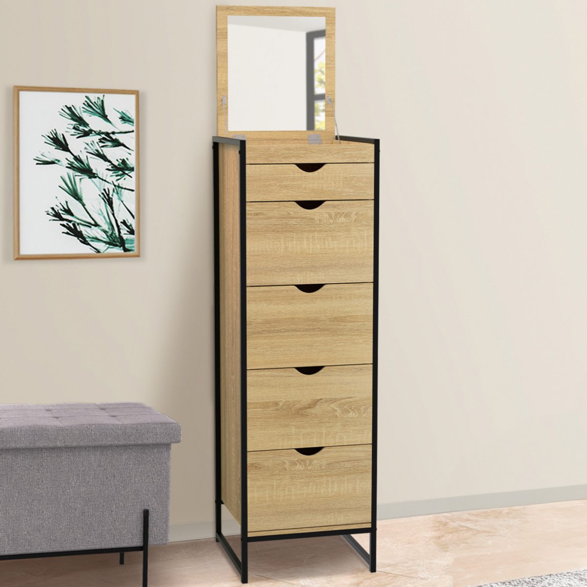 ID MARKET Chiffonnier 5 tiroirs DETROIT 40 cm avec miroir meuble d'entrée design industriel