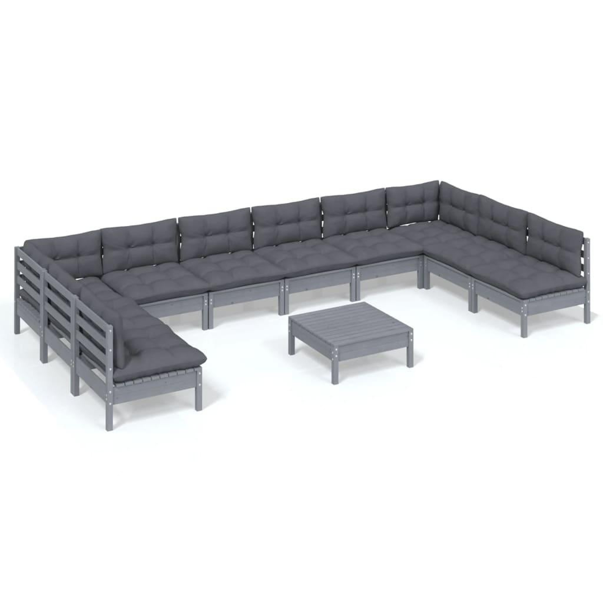 Voir la diapositive 2 : VIDAXL Salon de jardin 11 pcs avec coussins Gris Bois de pin solide