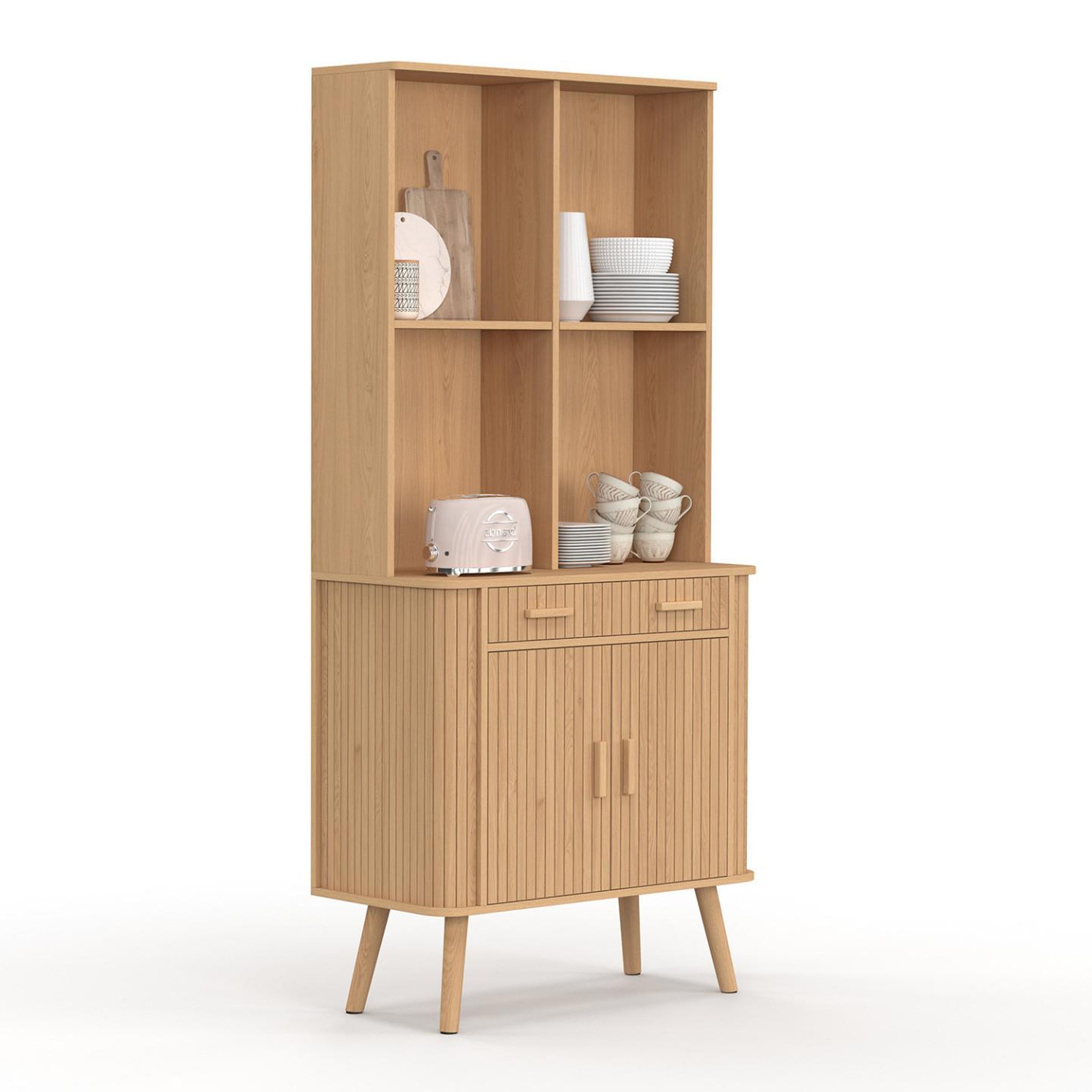 ID MARKET Buffet de cuisine 80 cm romie 2 portes + tiroir effet lattes tasseau de bois