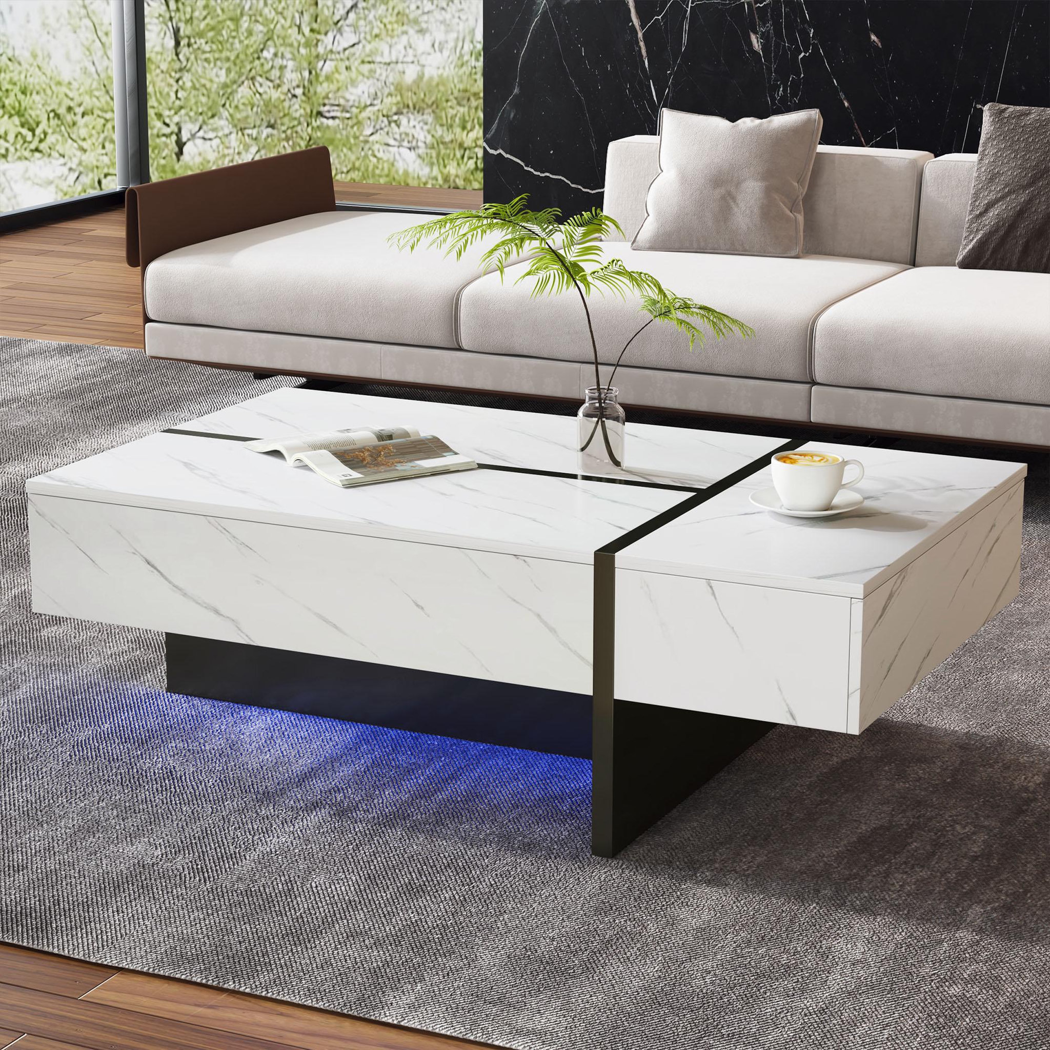 Voir la diapositive 3 : MERAX Table Basse Brillante Avec LED Et 3 Tiroirs, Placage Marbre, Blanc 105*60*35cm