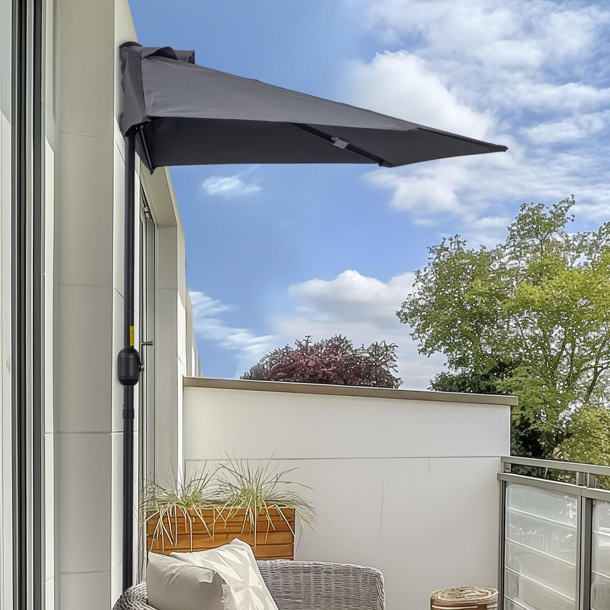 OUTSUNNY Demi parasol, parasol de balcon 5 entretoises métal polyester 2,69L x 1,38l x 2,36H m gris
