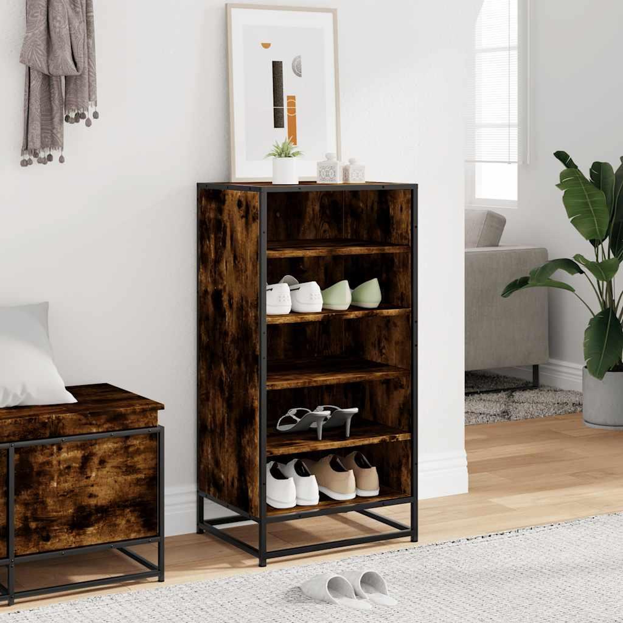 Voir la diapositive 3 : VIDAXL Etagere a chaussures chene fume 48x38x97,5 cm bois d'ingenierie