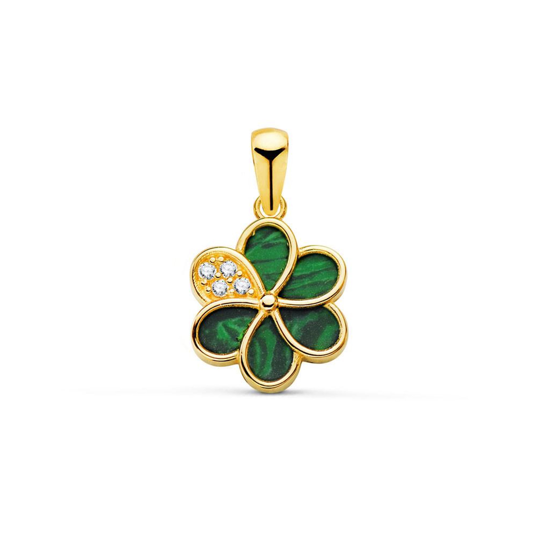 L'ATELIER D'AZUR Pendentif Fleur Or 18 Carats 750 Jaune - Malachite et Zirconiums - Chaine Offerte