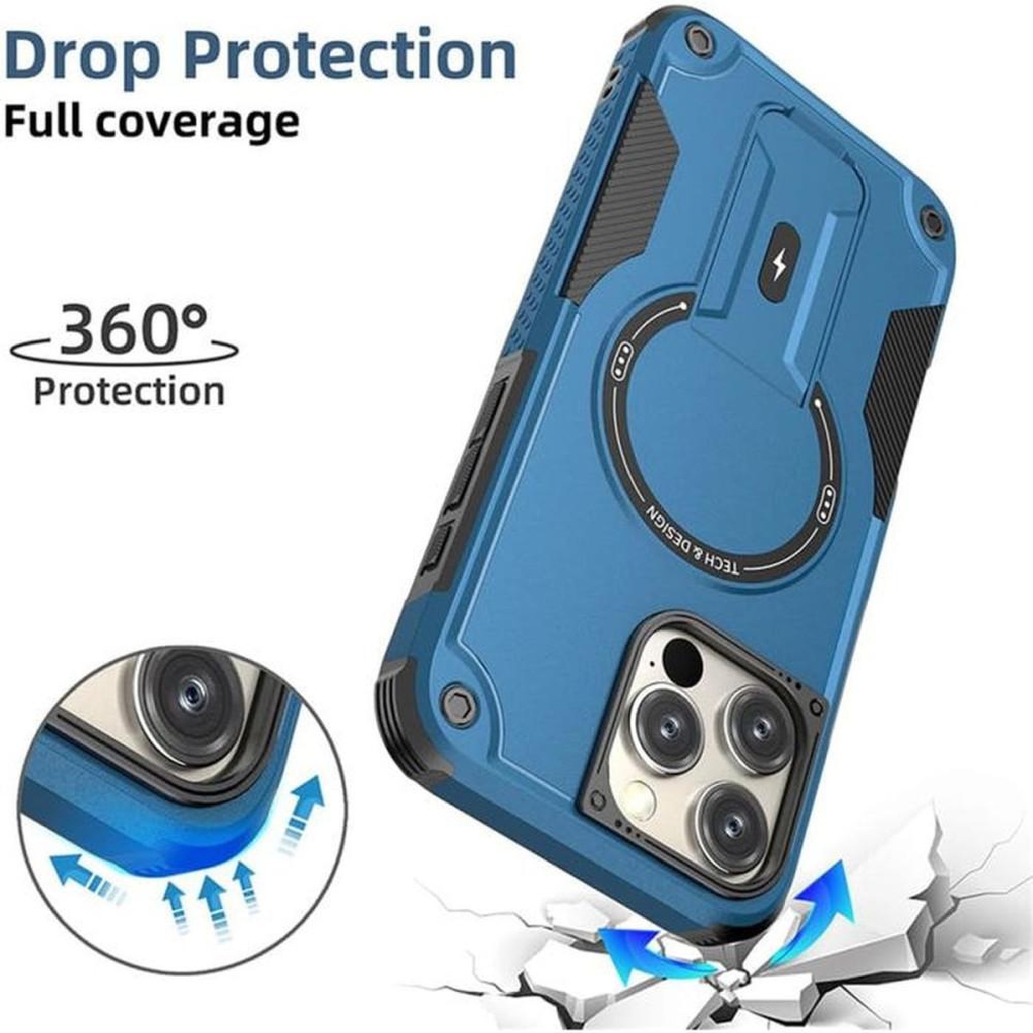 Voir la diapositive 2 : Coque pour iPhone 16 Pro MagSafe bleue avec support intégré et protection antichoc 360°