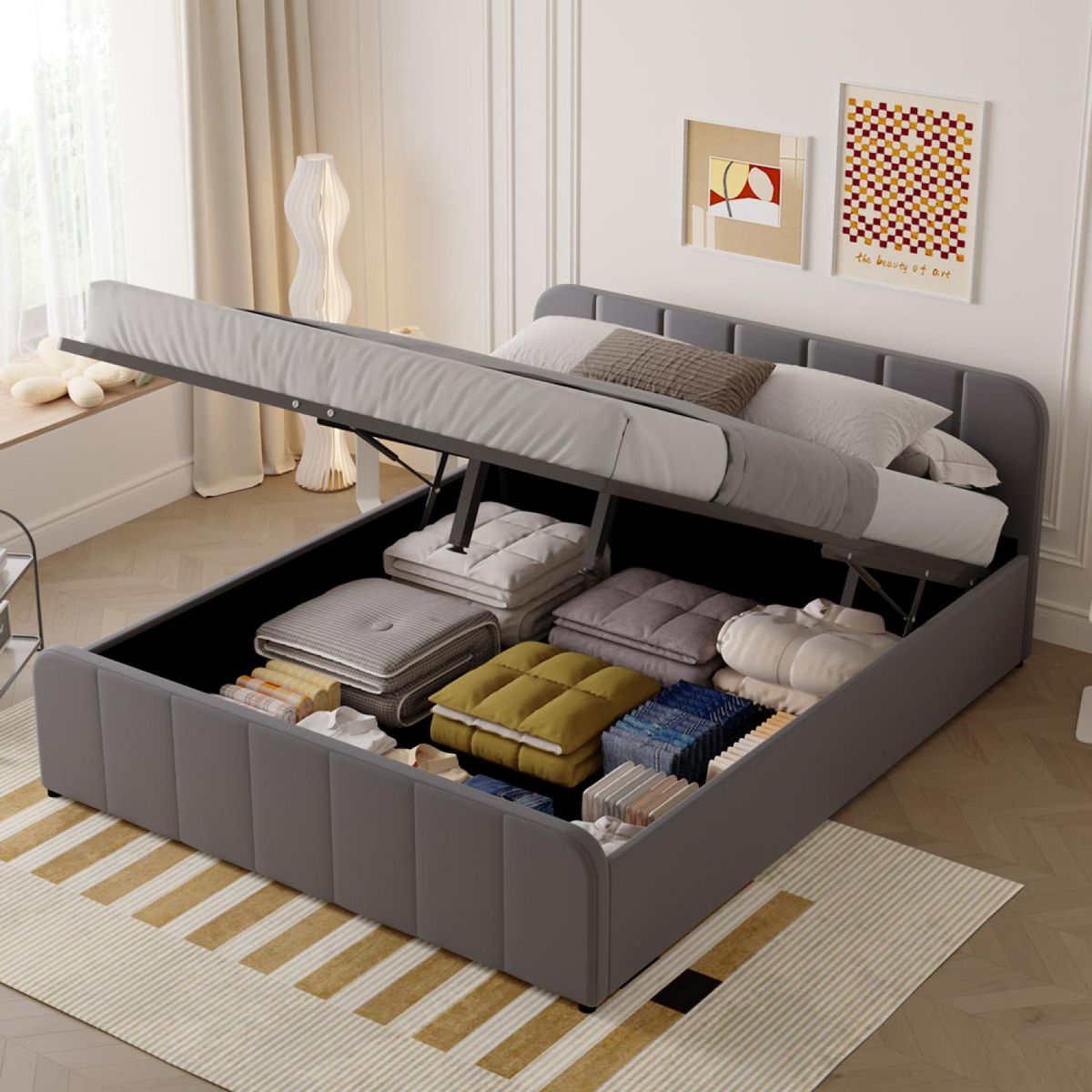 CONCEPT USINE Lit avec coffre de rangement 160x200cm en velours gris TAMPA