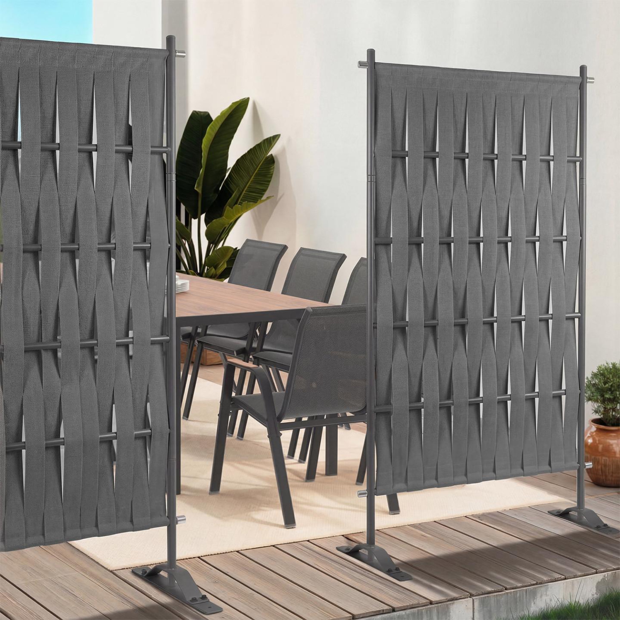 Voir la diapositive 4 : ID MARKET Paravent extérieur claustra décoratif 80 x 150 cm sangles et métal gris anthracite