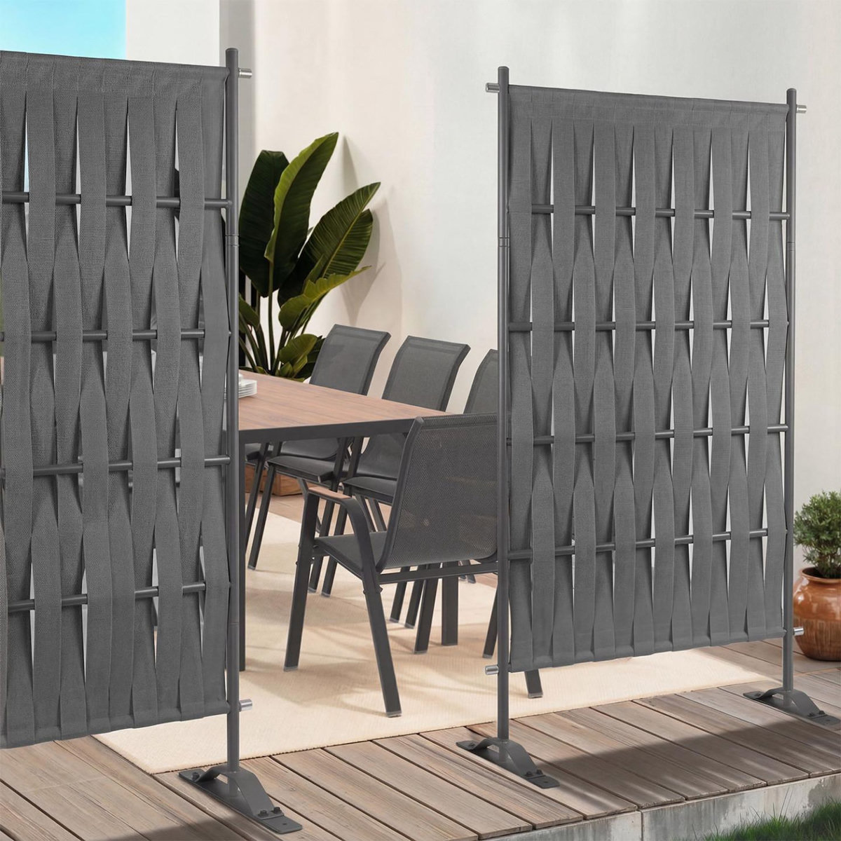 ID MARKET Paravent extérieur claustra décoratif 80 x 150 cm sangles et métal gris anthracite